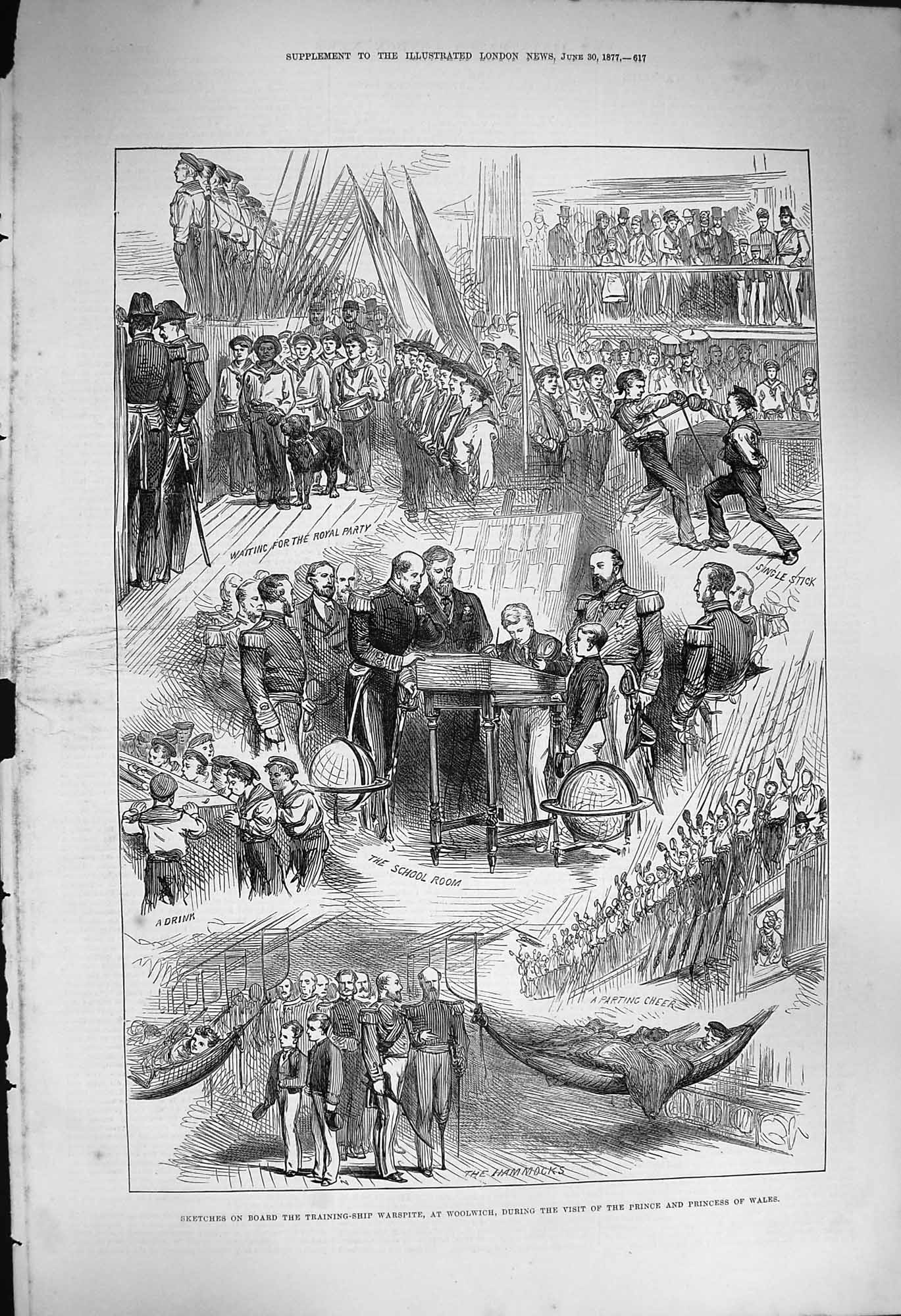 Old Antique Print 1877 War Training Ship Warspite Woolwich Prince Wales 19th