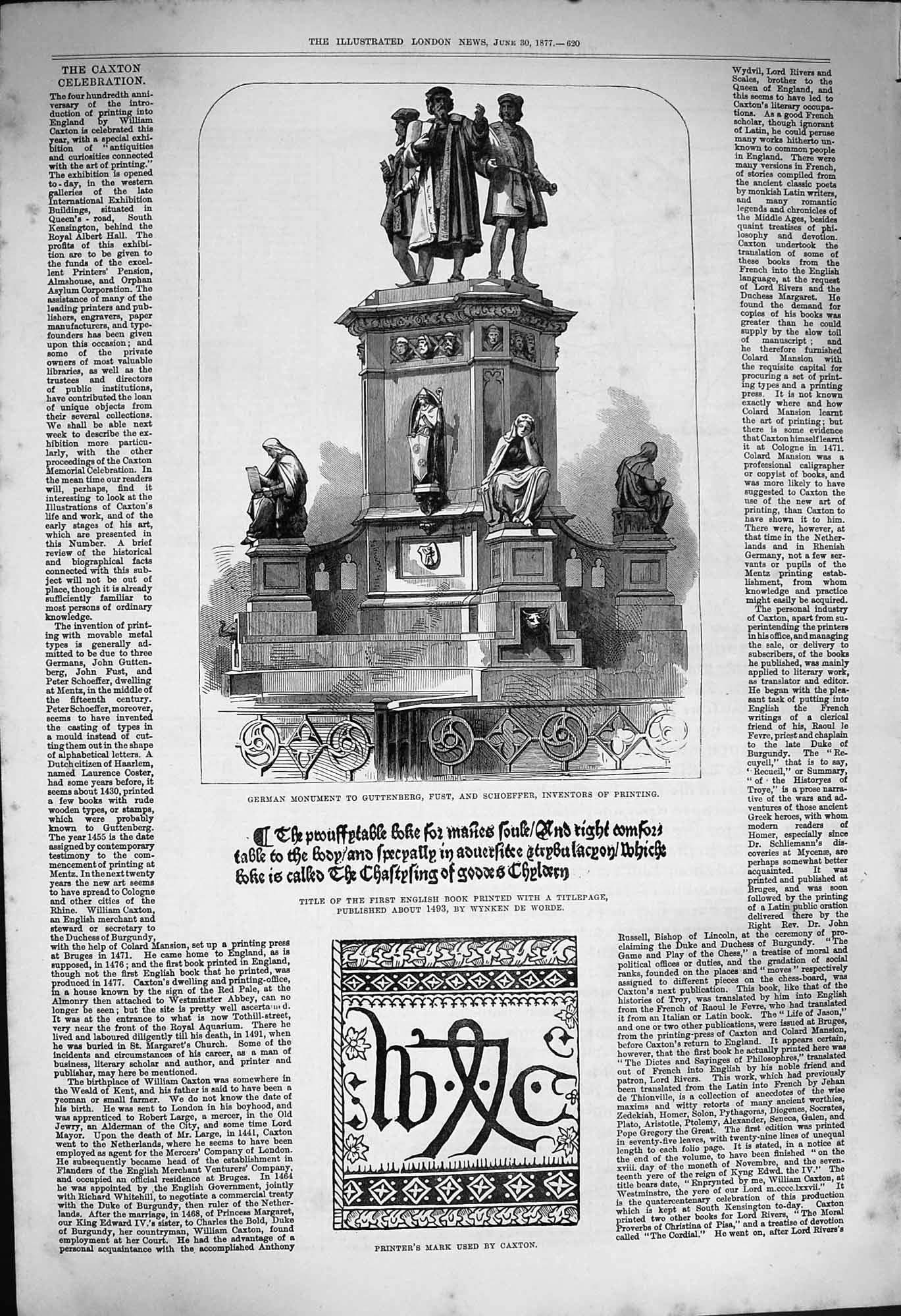 Original Old Antique Print 1877 Monument Guttenberg Fust Schoeffer Caxton Ing