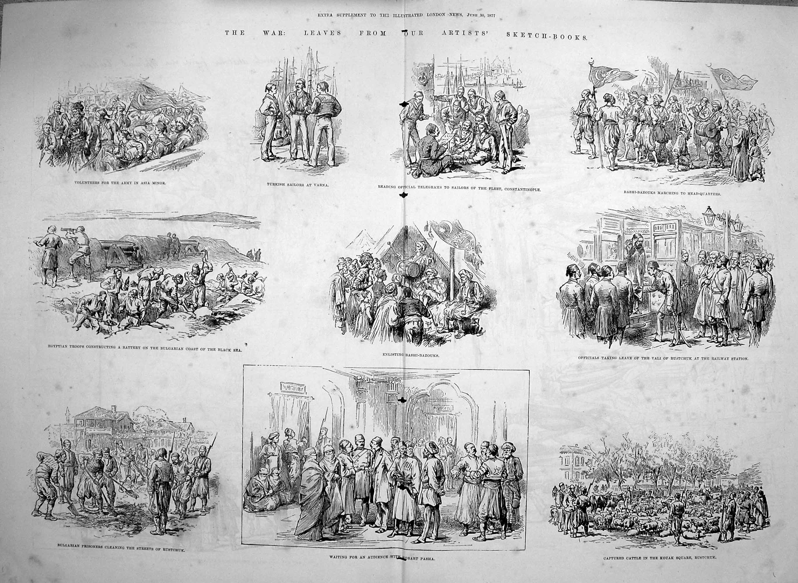 Original Old Antique Print 1877 War Hobart Pasha Cattle Kouak Rustchuk Siers