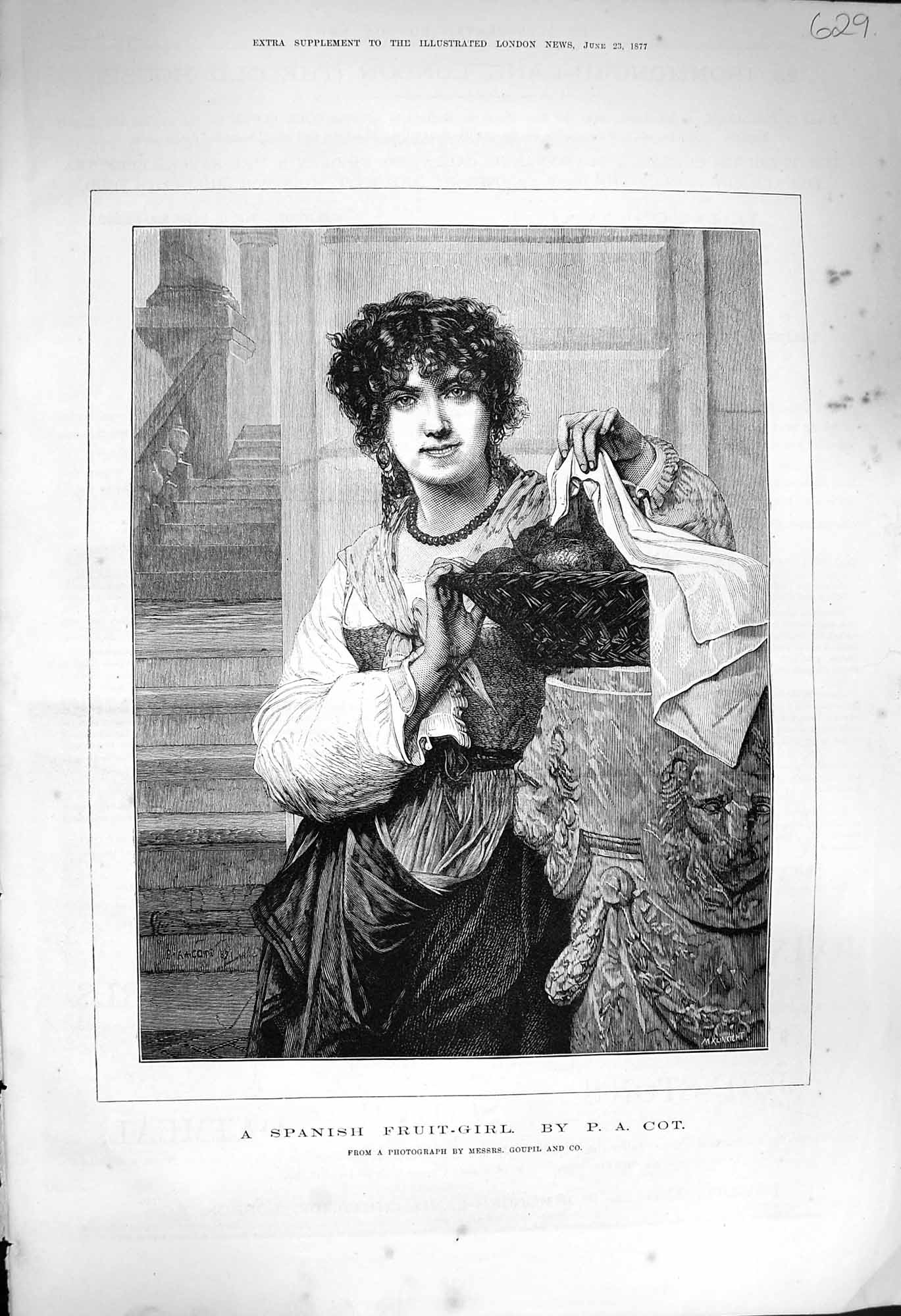 Original Old Antique Print 1877 Portrait Spanish Fruit Girl Fine Art Victorian
