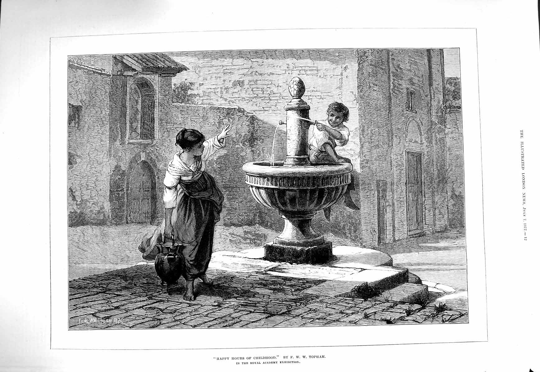 Original Old Antique Print 1877 Happy Hours Childhood Water Fountain Topham Art