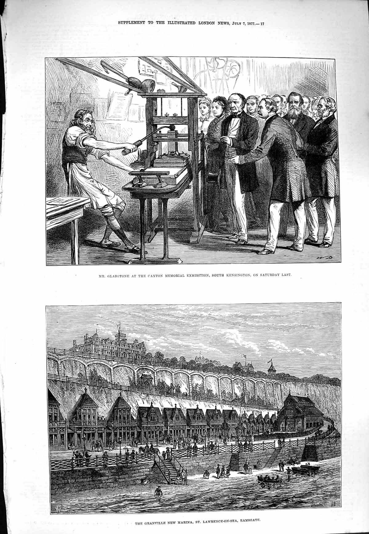 Original Old Antique Print 1877 Gladstone Kensington Granville Marina Ramsgate