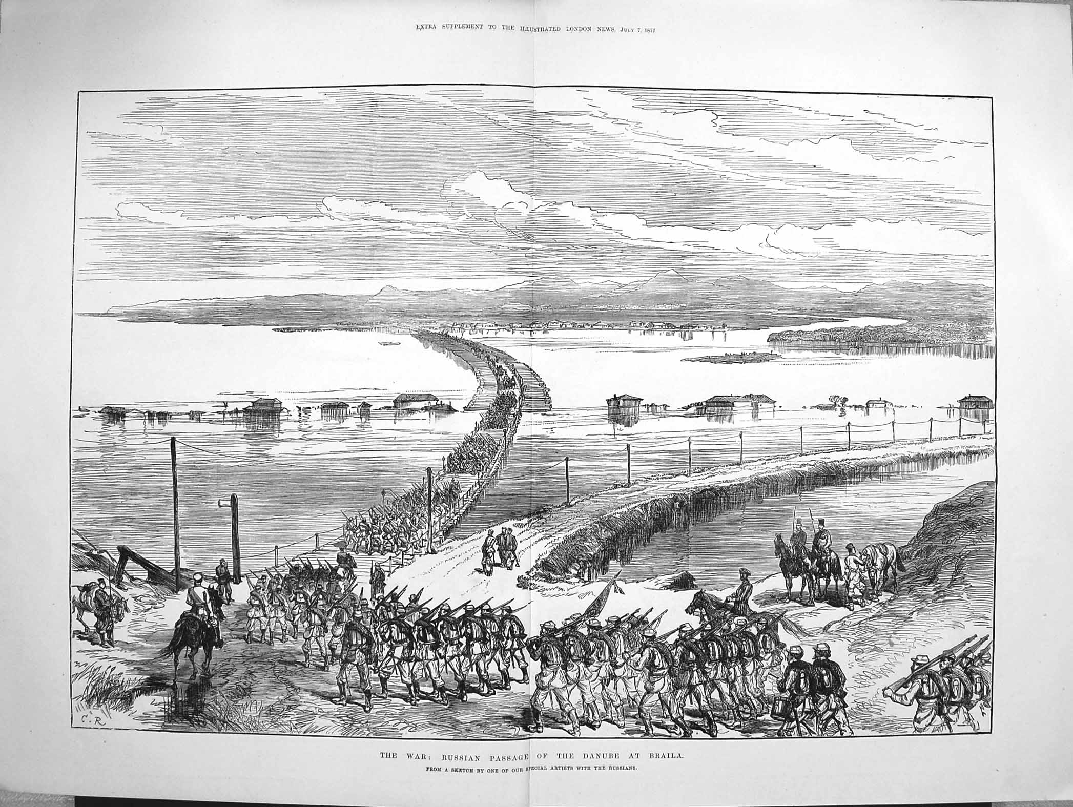 Original Old Antique Print 1877 War Russian Passage Danube Braila Siers March 0