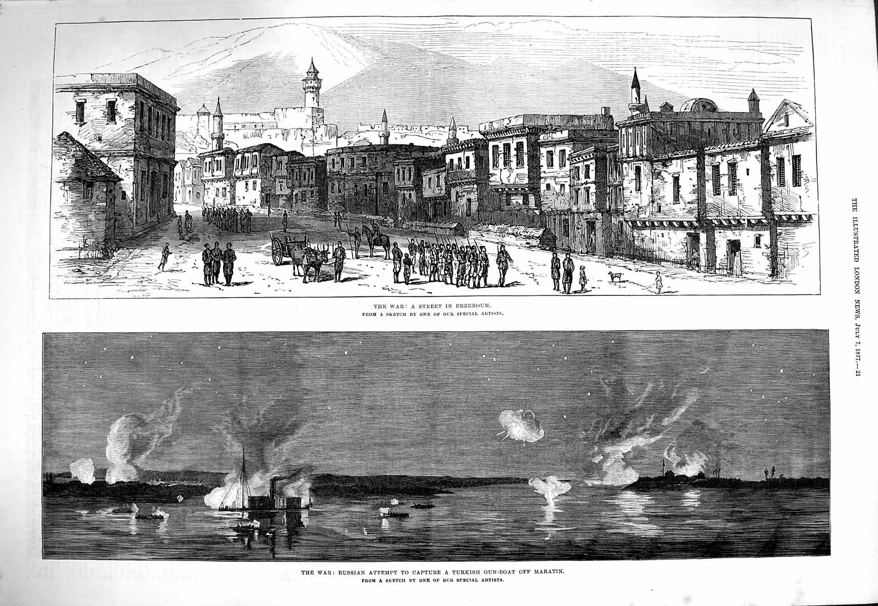Old Antique Print 1877 War Street Erzeroum Russian Capture Turkish Boat 19th