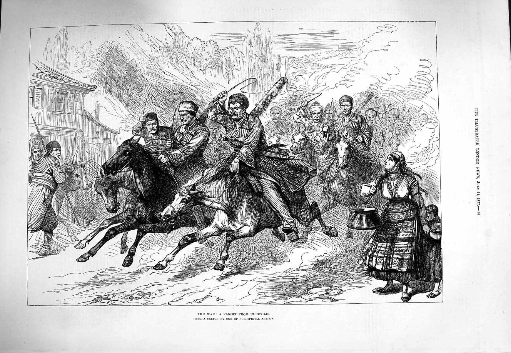 Old Antique Print 1877 War Flight Nicopolis Men Horses Whips Street Scene 19th