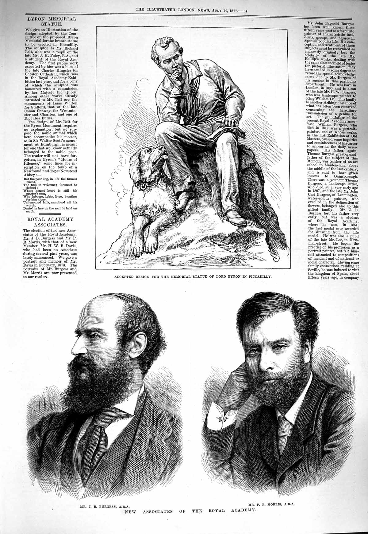 Original Old Antique Print 1877 Statue Lord Byron Burgess Morris Royal Academy