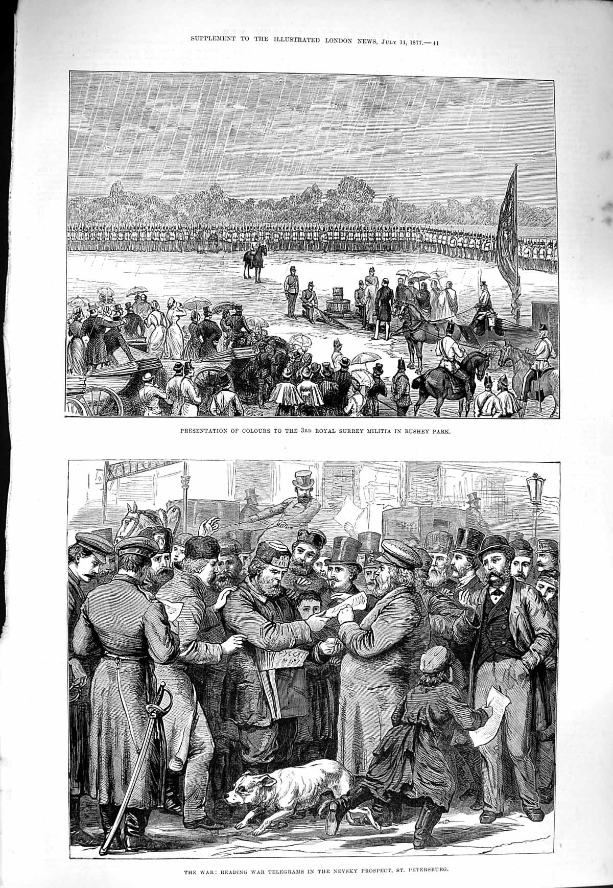 Original Old Antique Print 1877 War Telegrams Nevsky Petersburg Surrey Militia