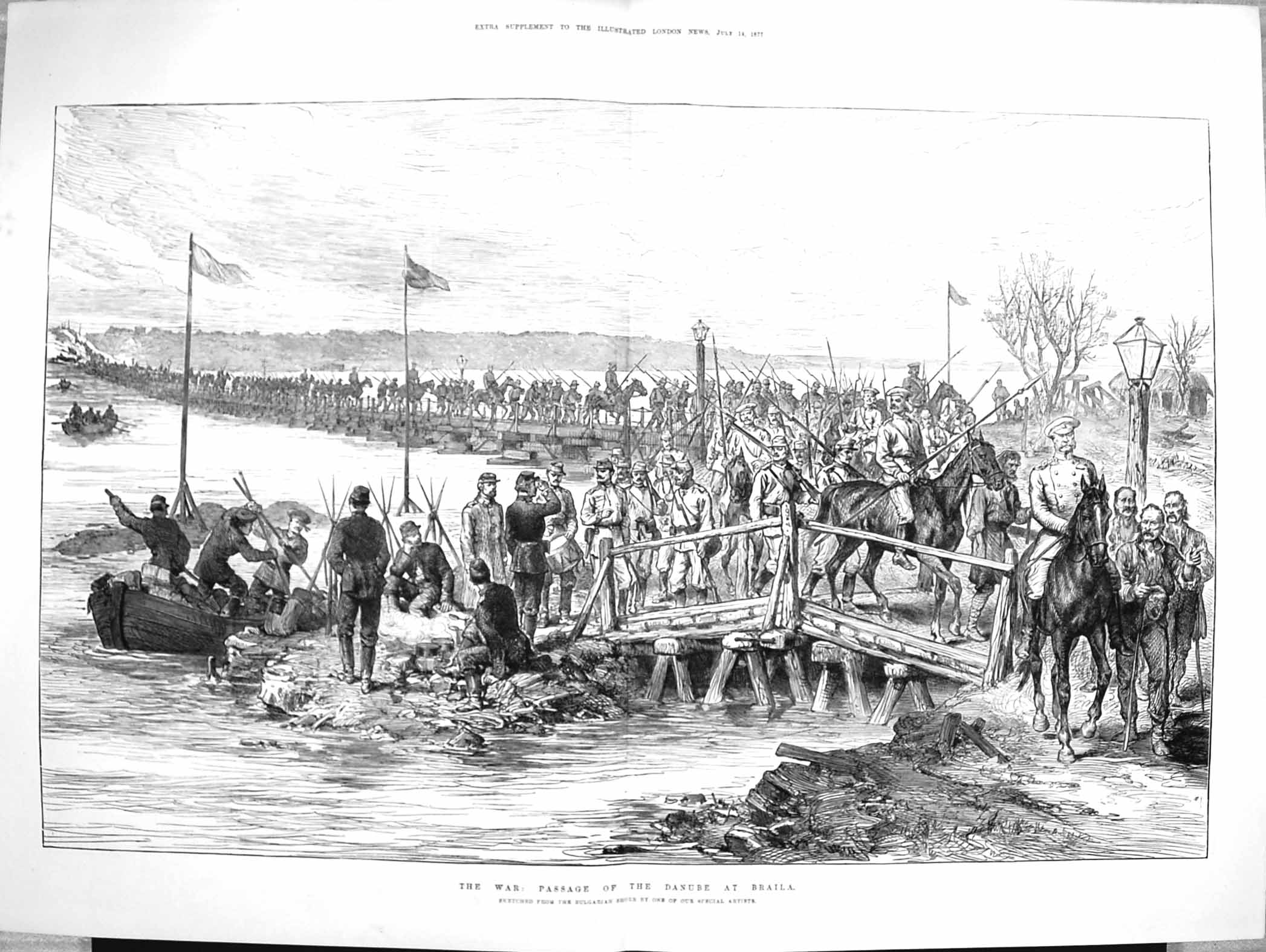 Old Antique Print 1877 War Passage Danube Braila Siers Marching Bridge 0 19th