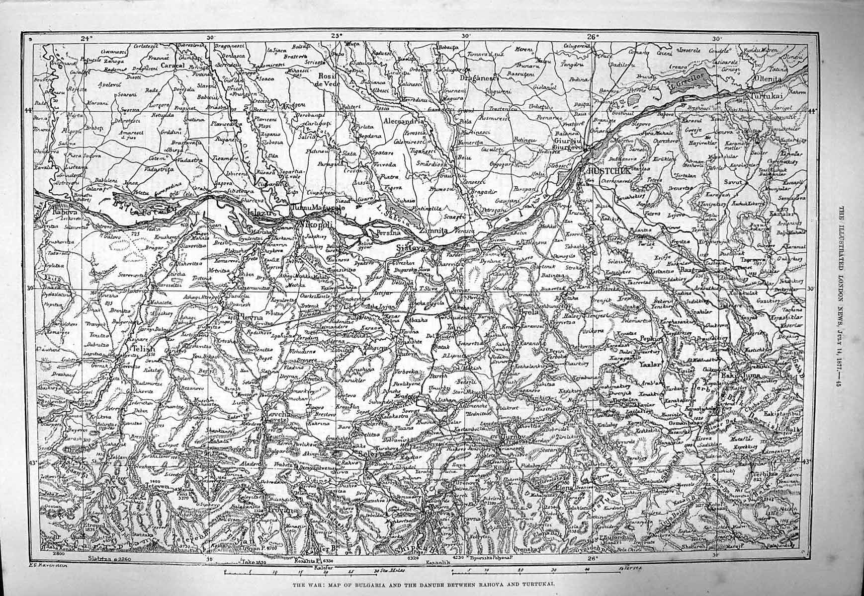 Old Antique Print 1877 War Map Bulgaria Danube Rahova Turtukai Hustchuk 19th