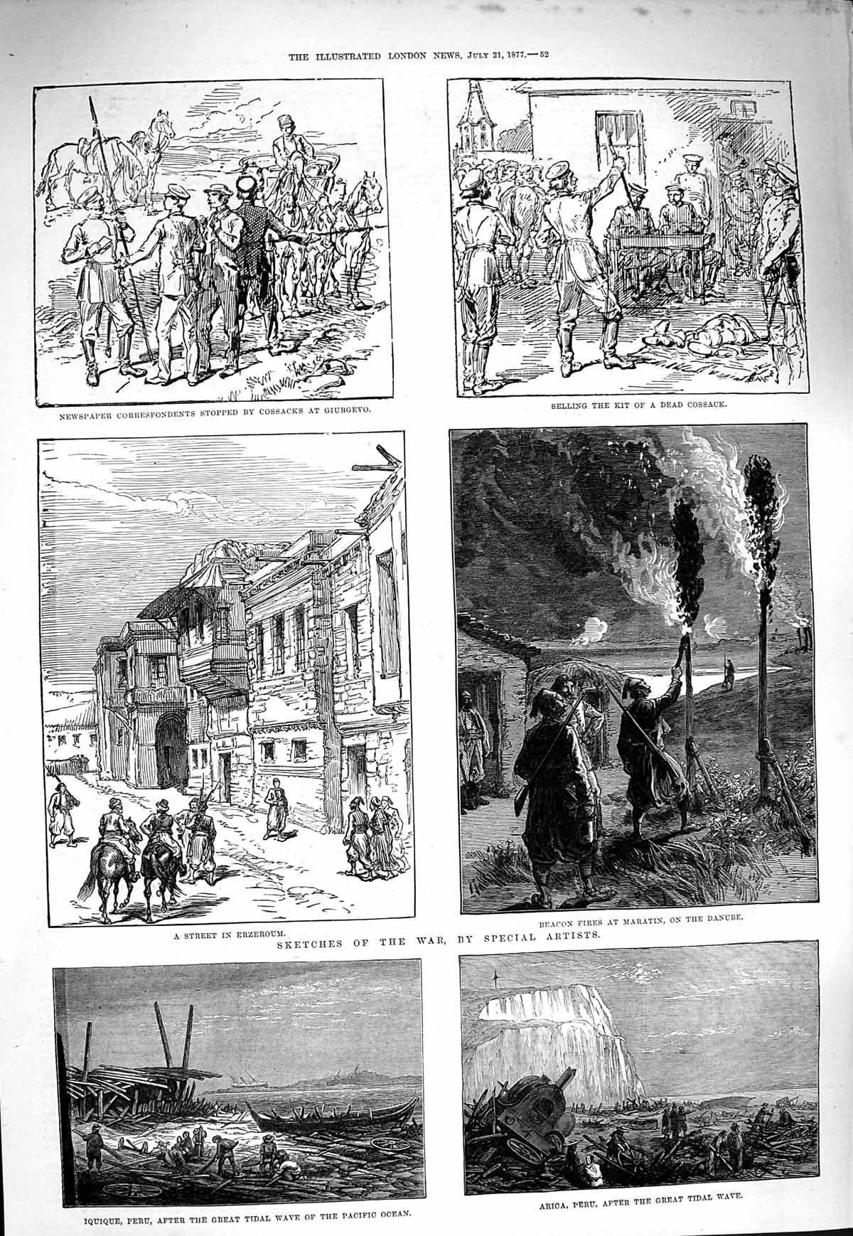 Old Antique Print 1877 Iquique Peru Arica Erzeroum Giurgevo Cossack War 19th