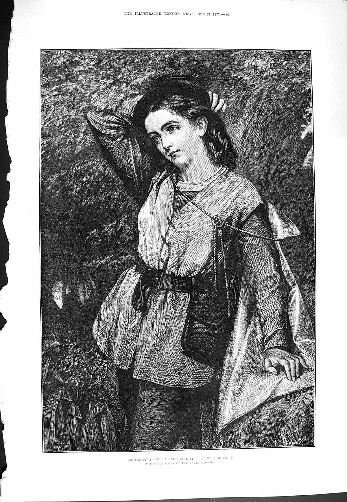 Old Antique Print 1877 Portrait Rosalind As You Like It Theatre Herrick 19th
