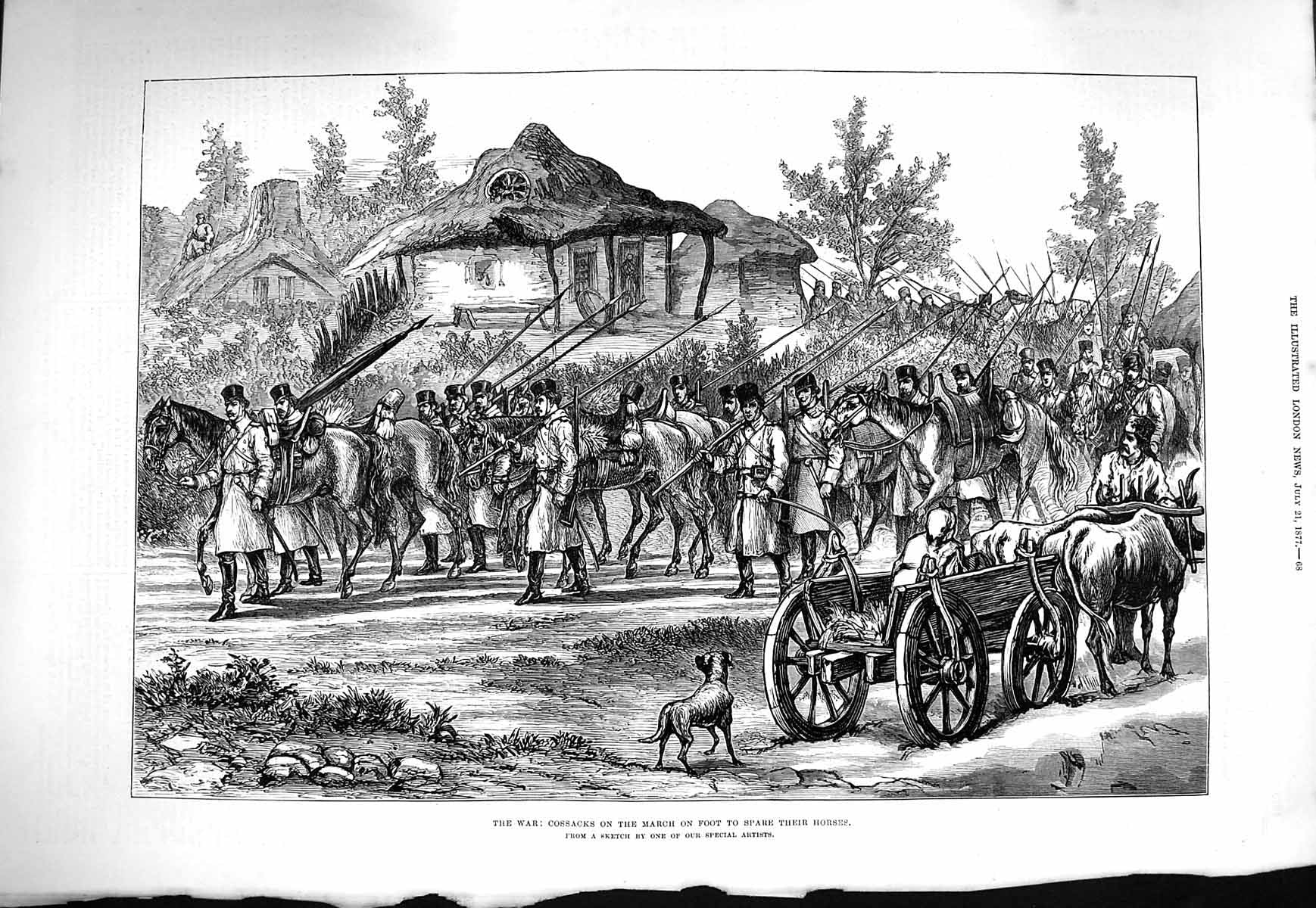 Original Old Antique Print 1877 War Cossacks Marching Foot Spare Horses Siers