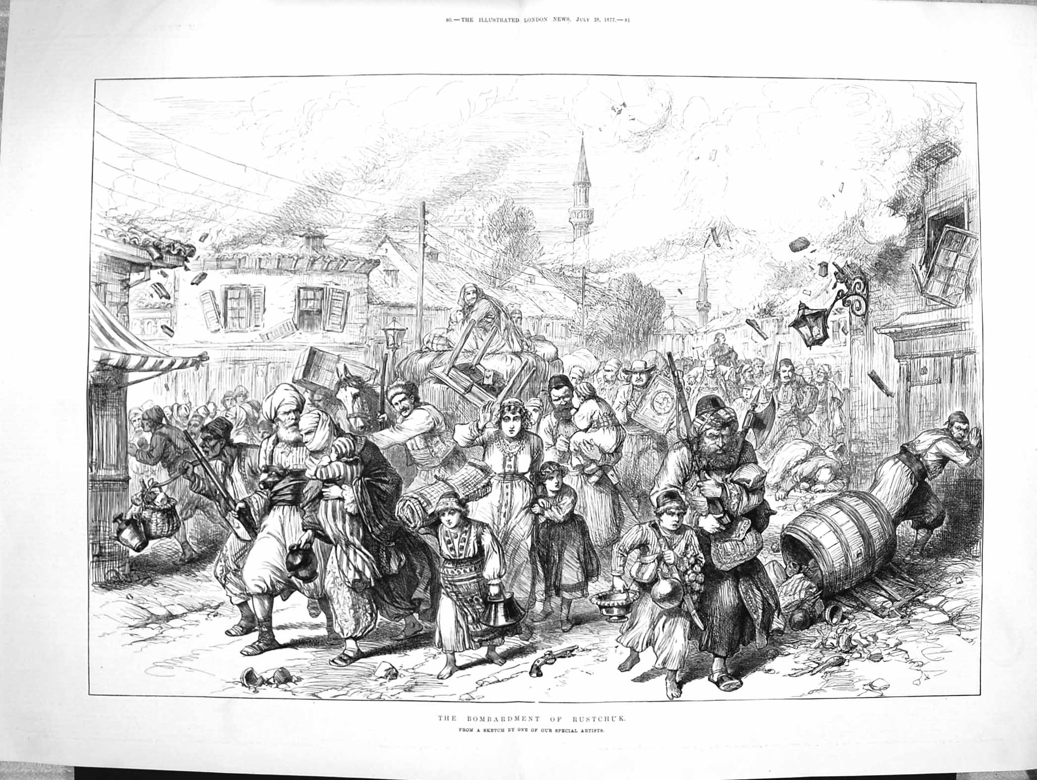 Original Old Antique Print 1877 Scene Bombardment Rustchuk Families Street 0