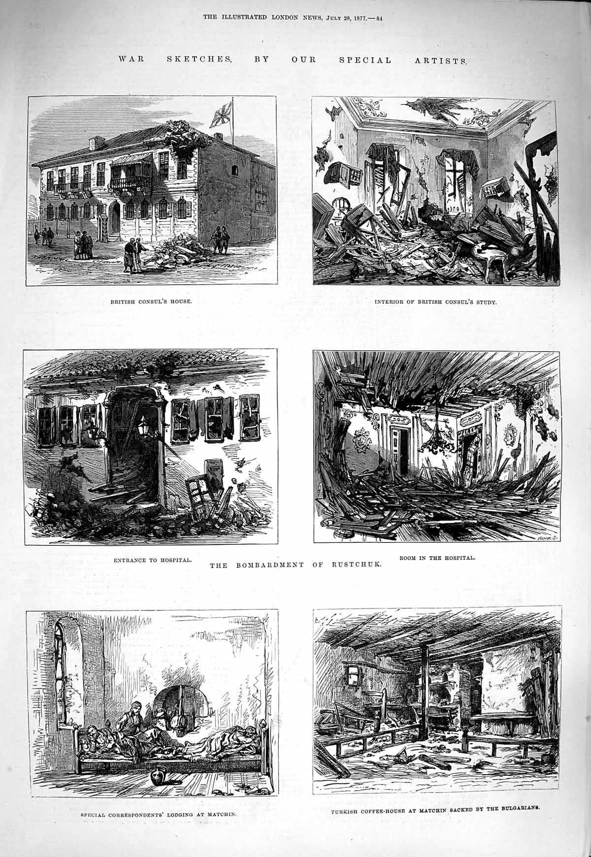 Original Old Antique Print 1877 War British Consul House Rustchuk Coffe 19th