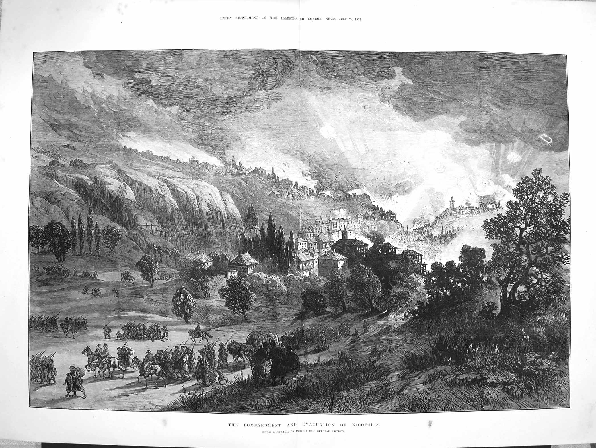 Original Old Antique Print 1877 Bombardment Evacuation Nicopolis Siers Horses 0