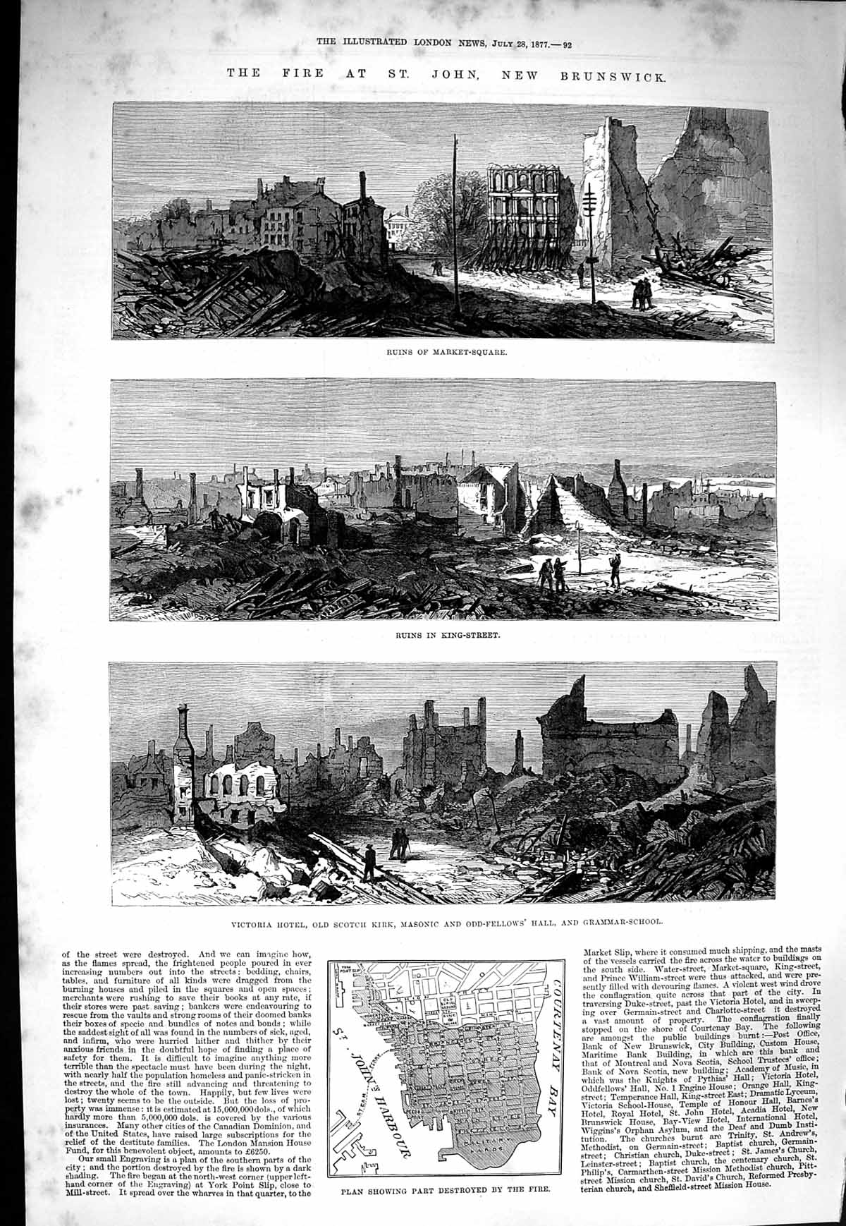 Old Antique Print 1877 Fire St. John Brunswick King-Street Victoria Hotel 19th