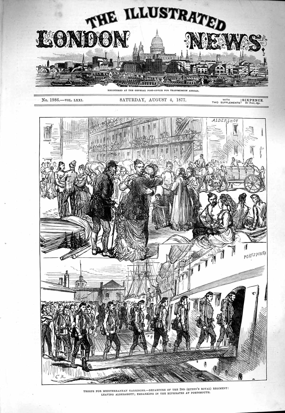 Original Old Antique Print 1877 Siers Mediterranean Garrisons Aldershott Ship