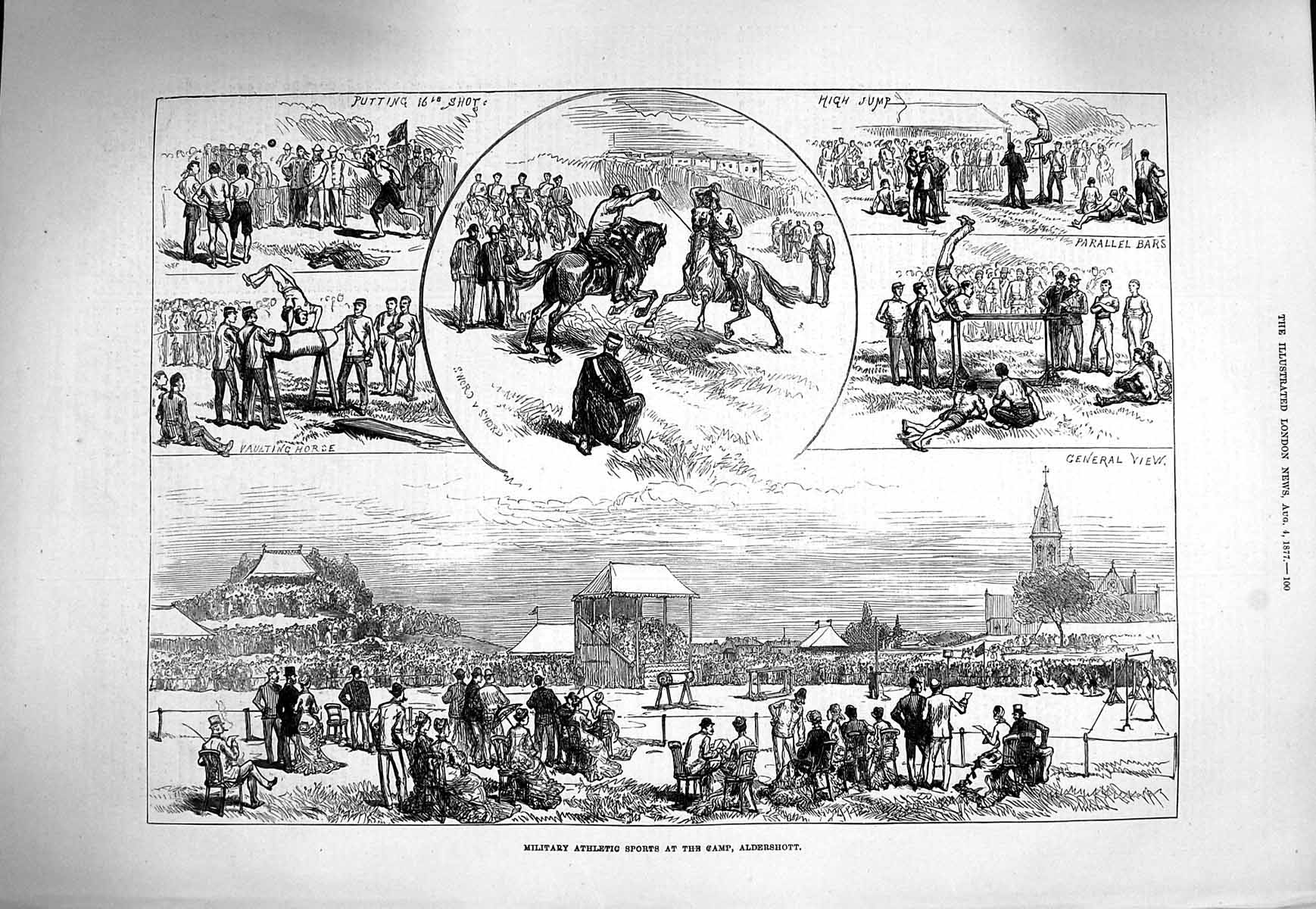 Original Old Antique Print 1877 Military Athletics Sports Camp Aldershott Shot
