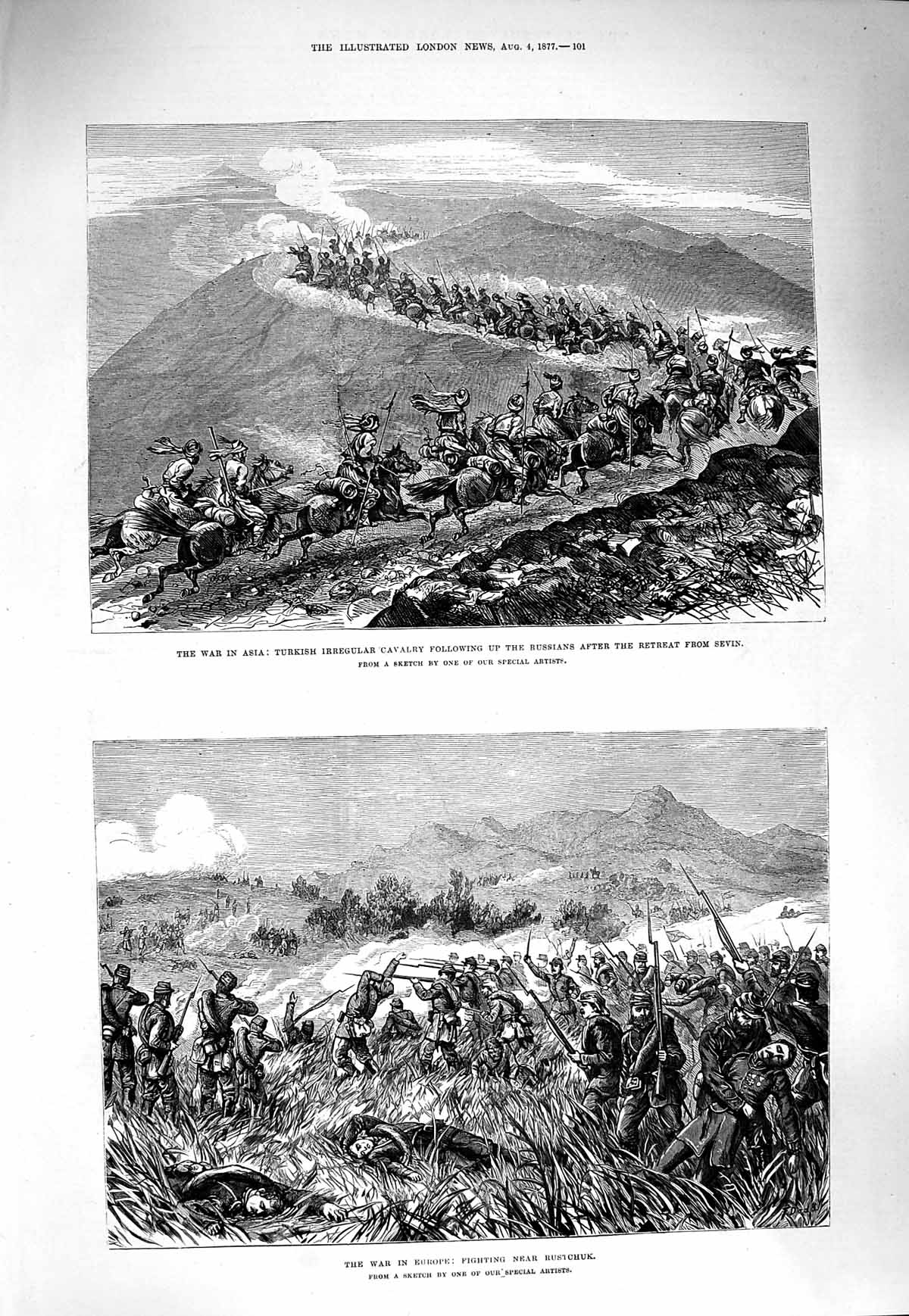 Original Old Antique Print 1877 War Asia Turkish Army Sevin Fighting Rustchuk