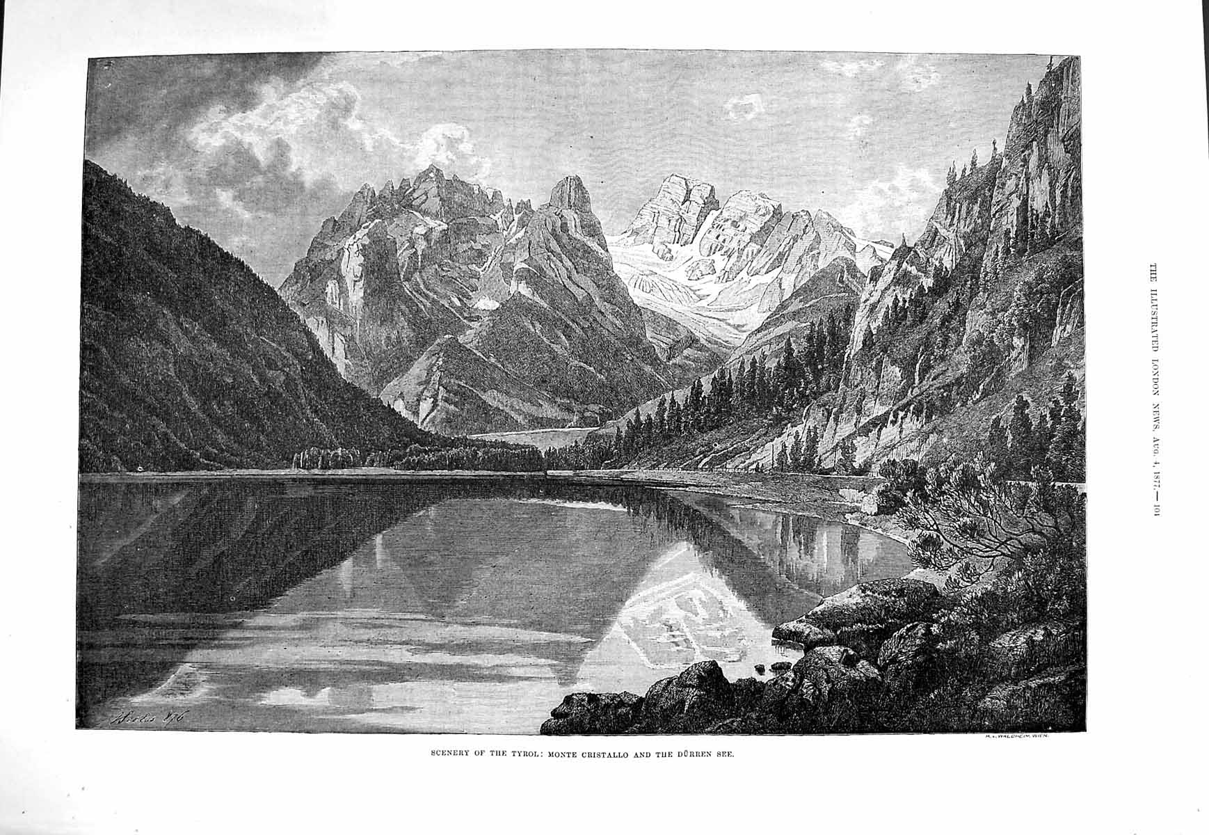 Original Old Antique Print 1877 Tyrol Mountains Monte Cristallo Durren See 19th