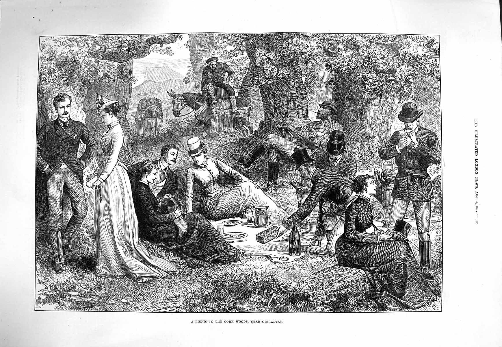 Original Old Antique Print 1877 Picnic Cork Woods Gibraltar Men Ladies Romance