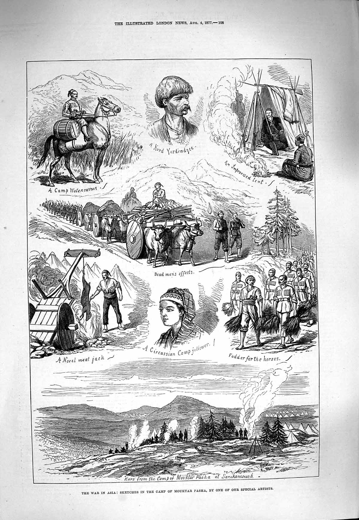 Old Antique Print 1877 War Asia Camp Mouktar Pasha Circassian Lady Horse 19th