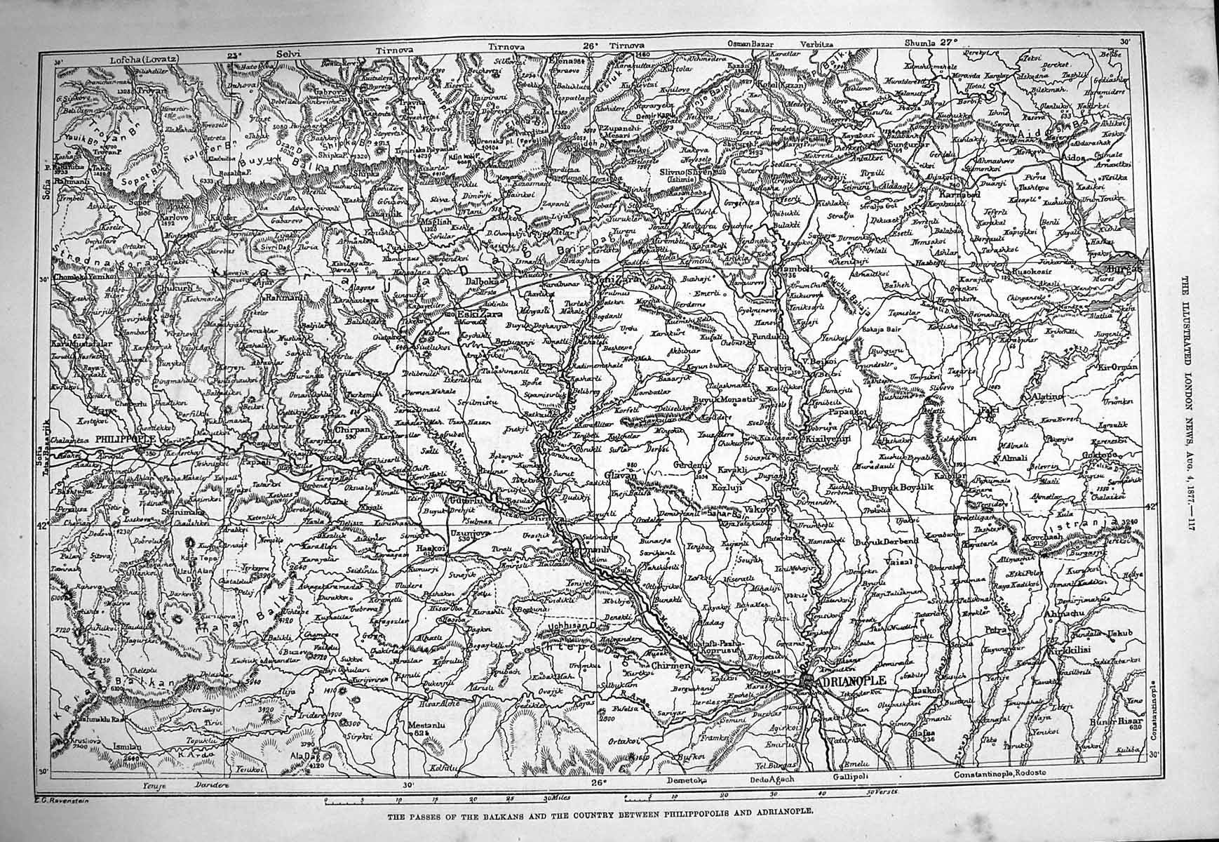 Original Old Antique Print 1877 Map Passes Balkans Philippopolis Adrianople
