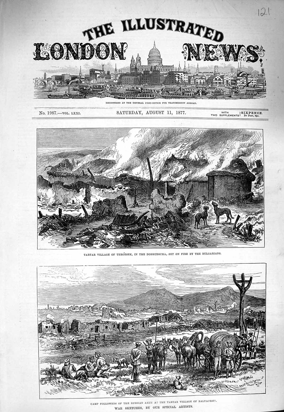Old Antique Print 1877 War Tartar Village Tergesek Bashi-Bazouks Arm Fire 19th