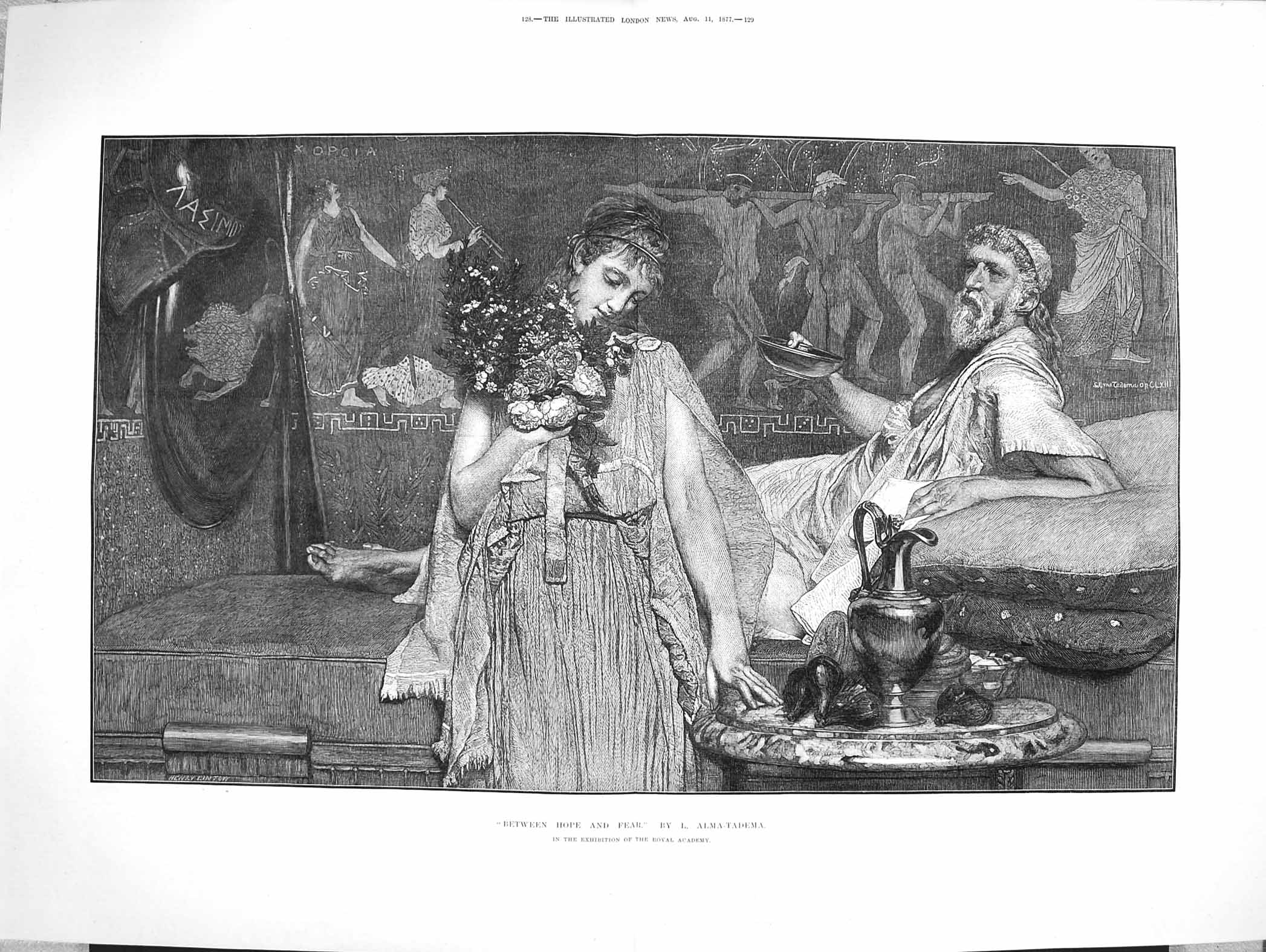 Original Old Antique Print 1877 Alma-Tadema Fine Art Romance Between Hope Fear