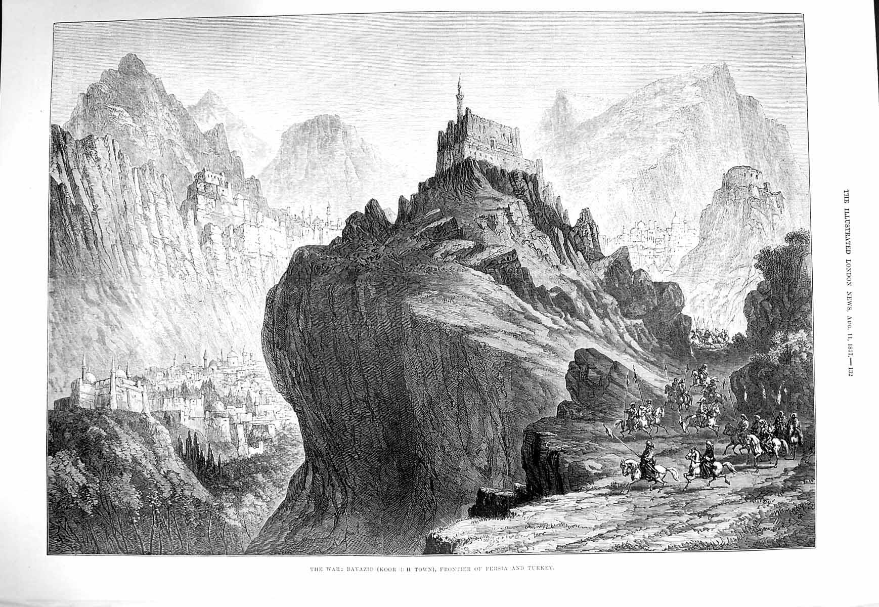 Old Antique Print 1877 War Bayazid Koordish Town Frontier Persia Turkey 19th