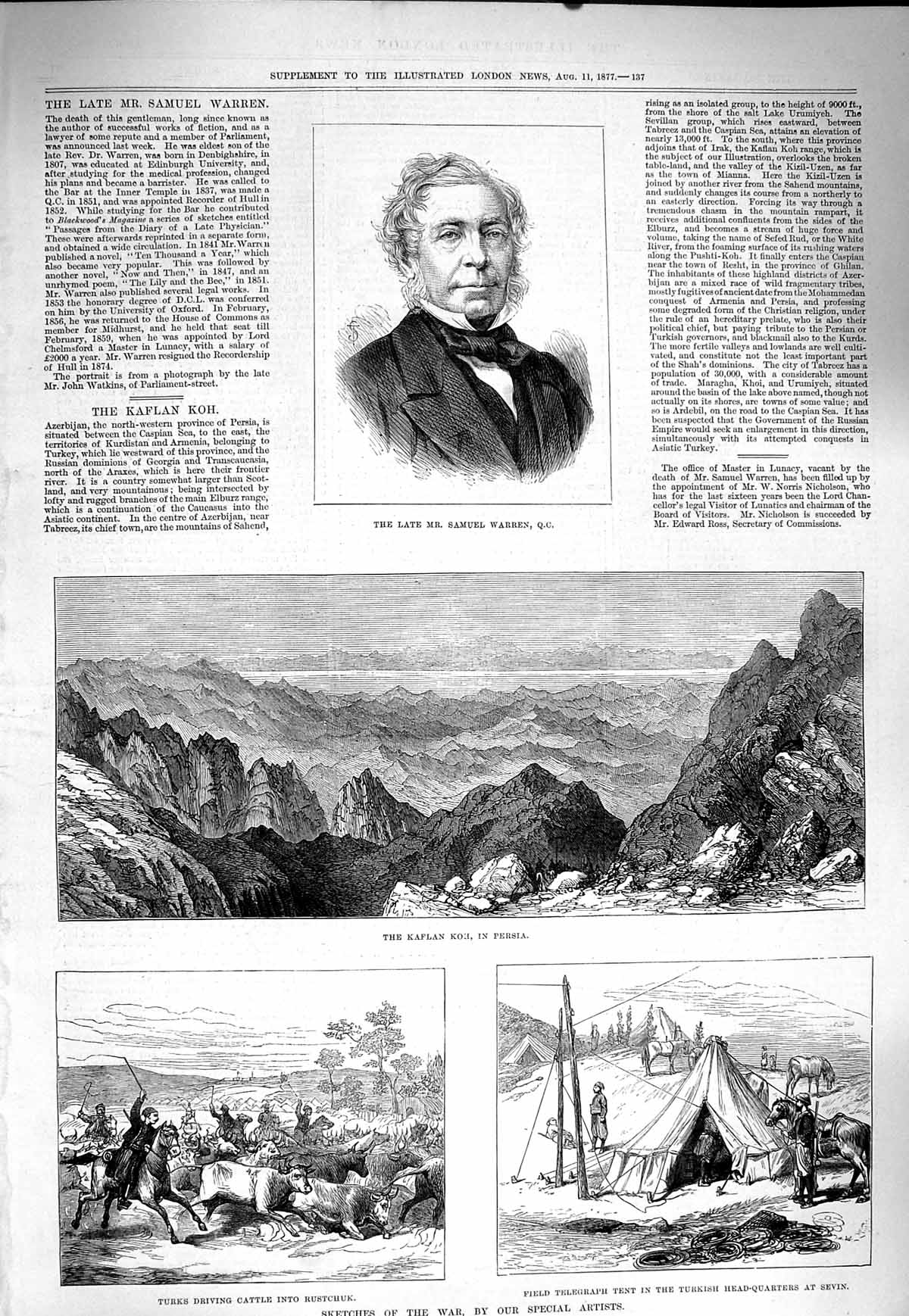 Original Old Antique Print 1877 Samuel Warren Kaflan Koh Persia Cattle Rustchuk