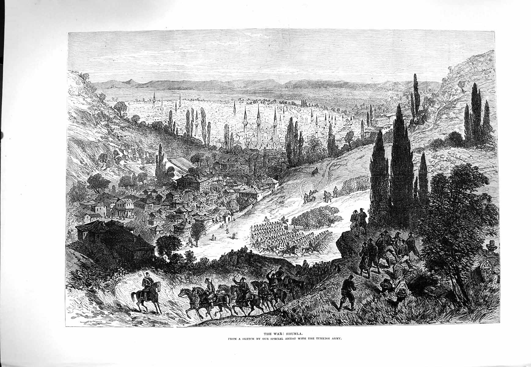 Original Old Antique Print 1877 War View Schumla Town Mountains Horse Siers