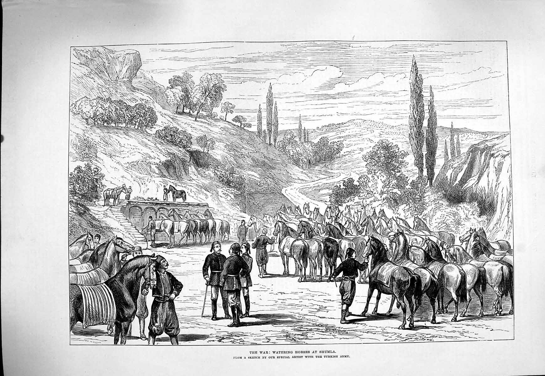 Original Old Antique Print 1877 War Watering Horses Shumla Turkish Siers 19th