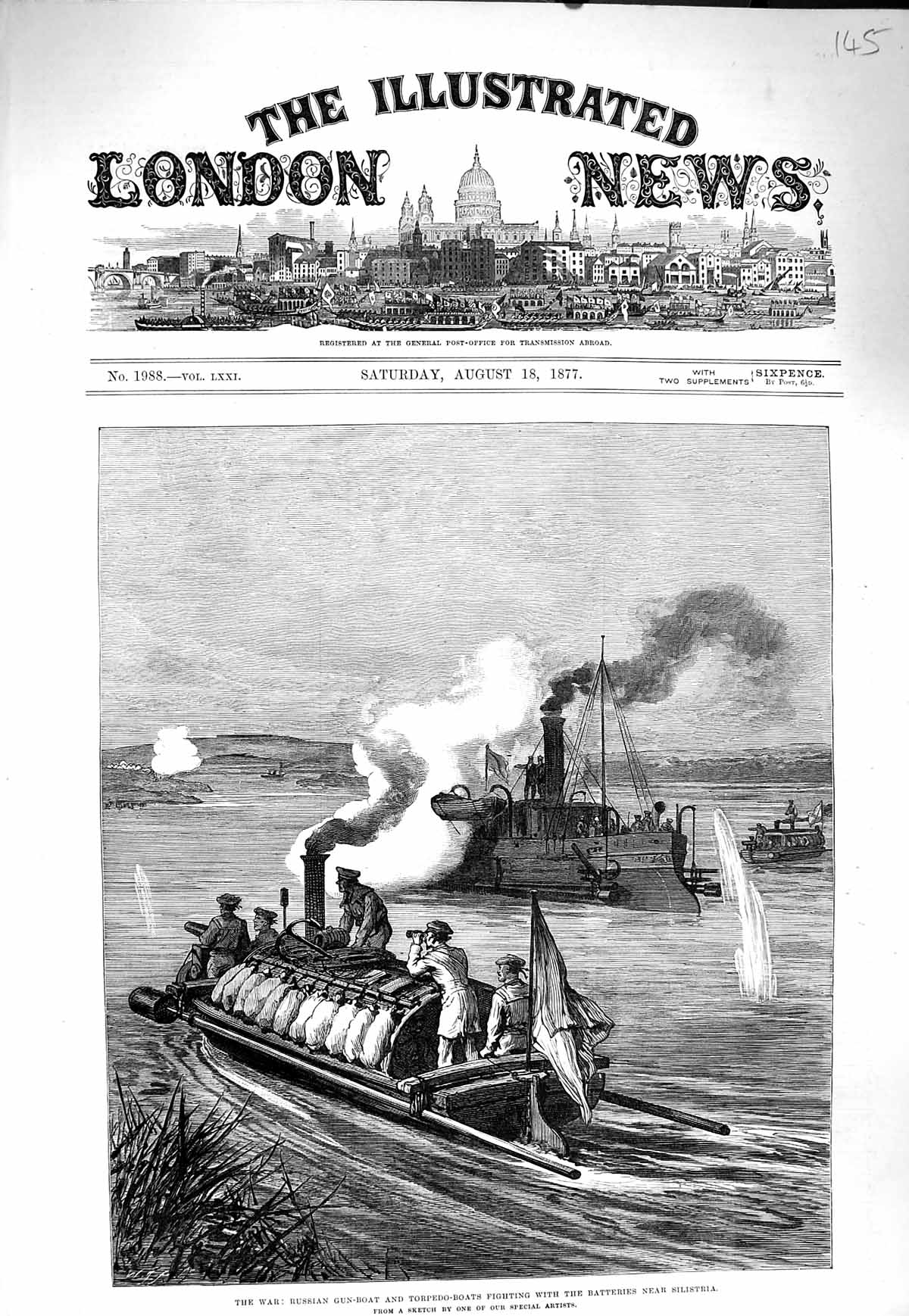Original Old Antique Print 1877 War Russian Gun Boat Silistria Shipka Black Sea