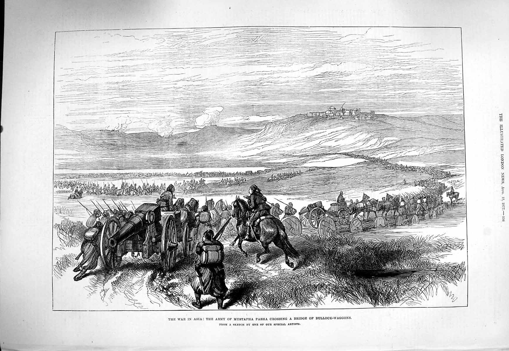 Old Antique Print 1877 War Asia Army Mustapha Pasha Bridge Bullock Waggon 19th
