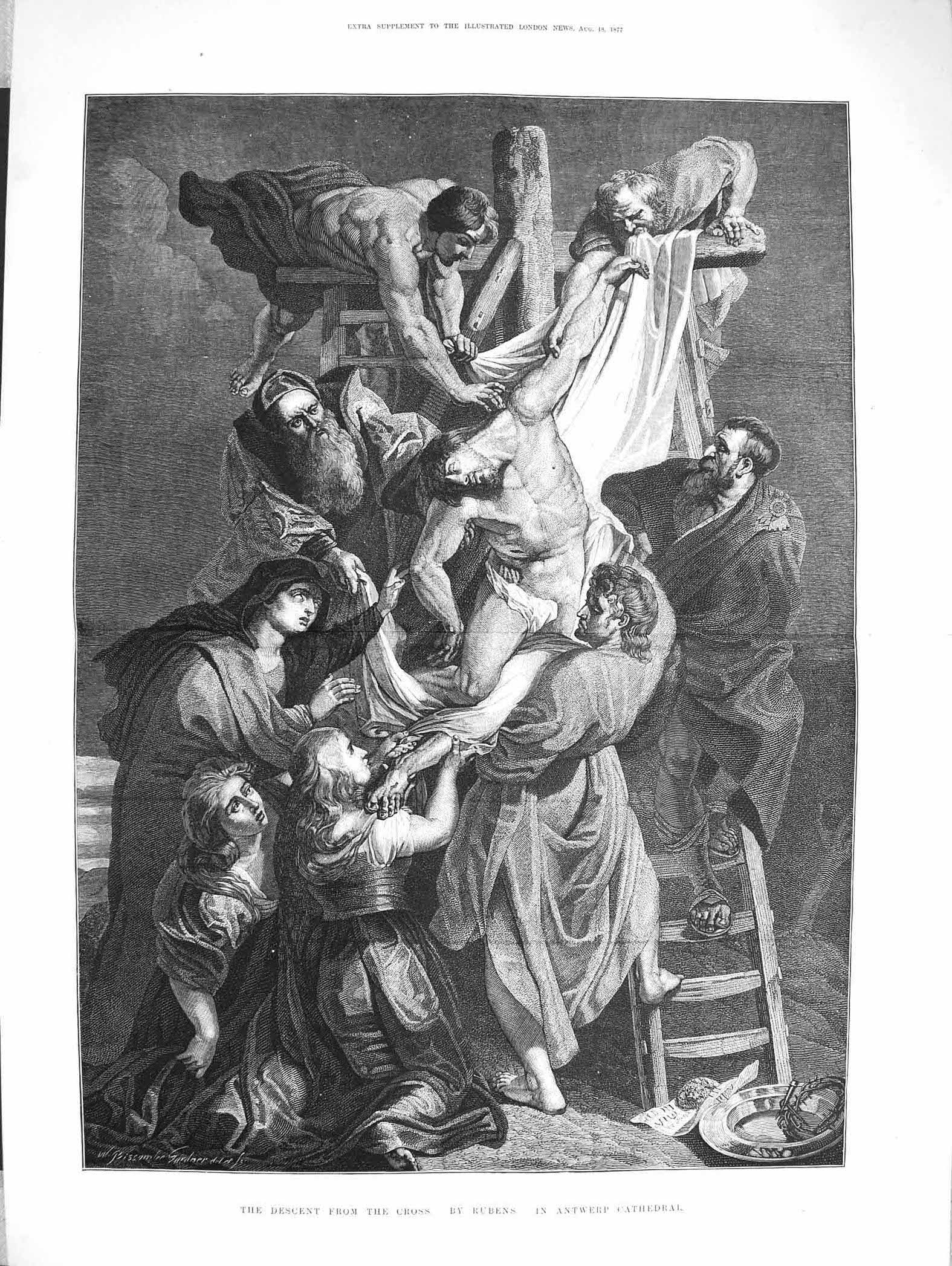 Old Antique Print 1877 Art Jesus Descent Cross Rubens Antwerp Cathedral 19th