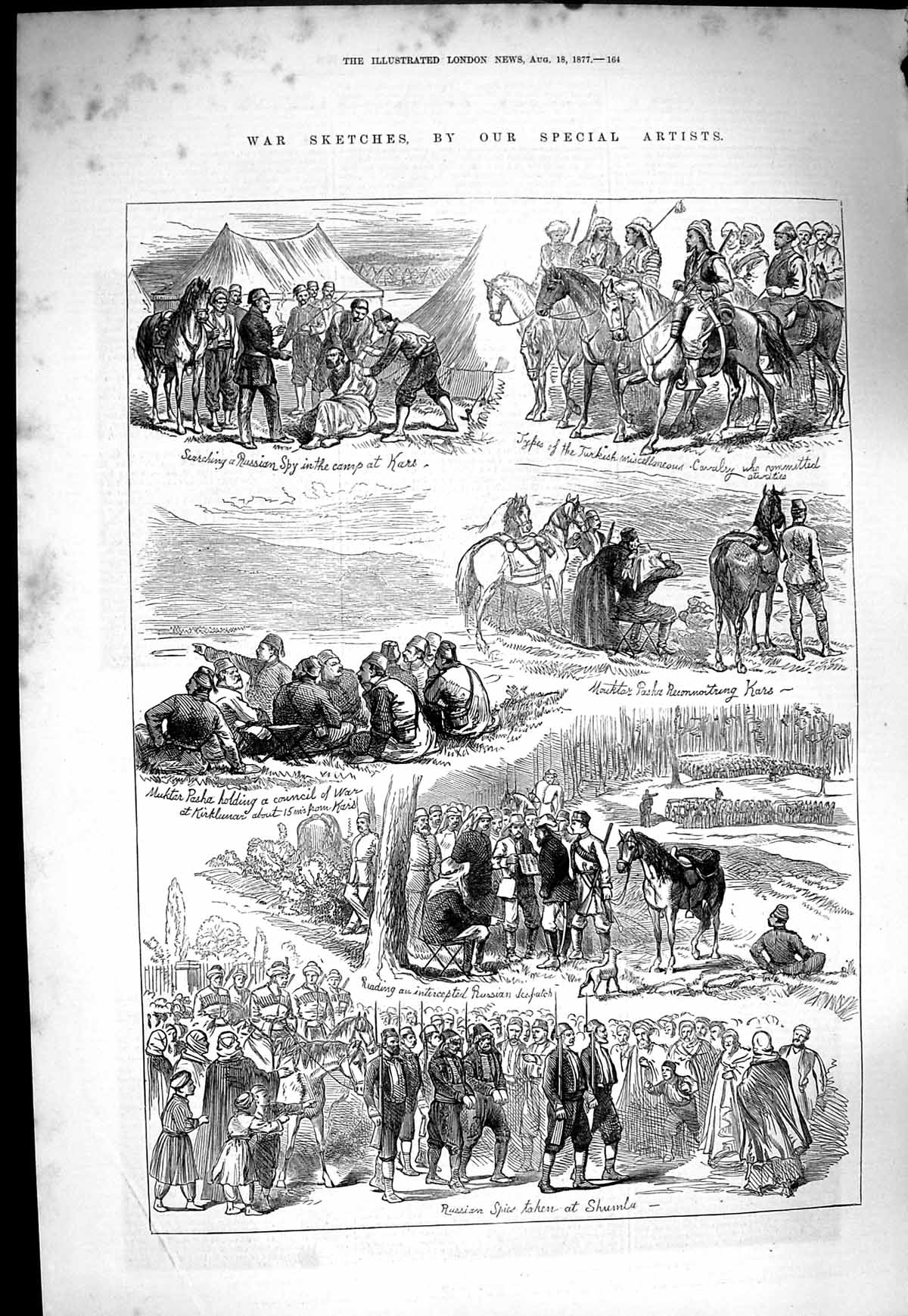 Original Old Antique Print 1877 War Russian Spies Shumla Pasha Turkish Siers