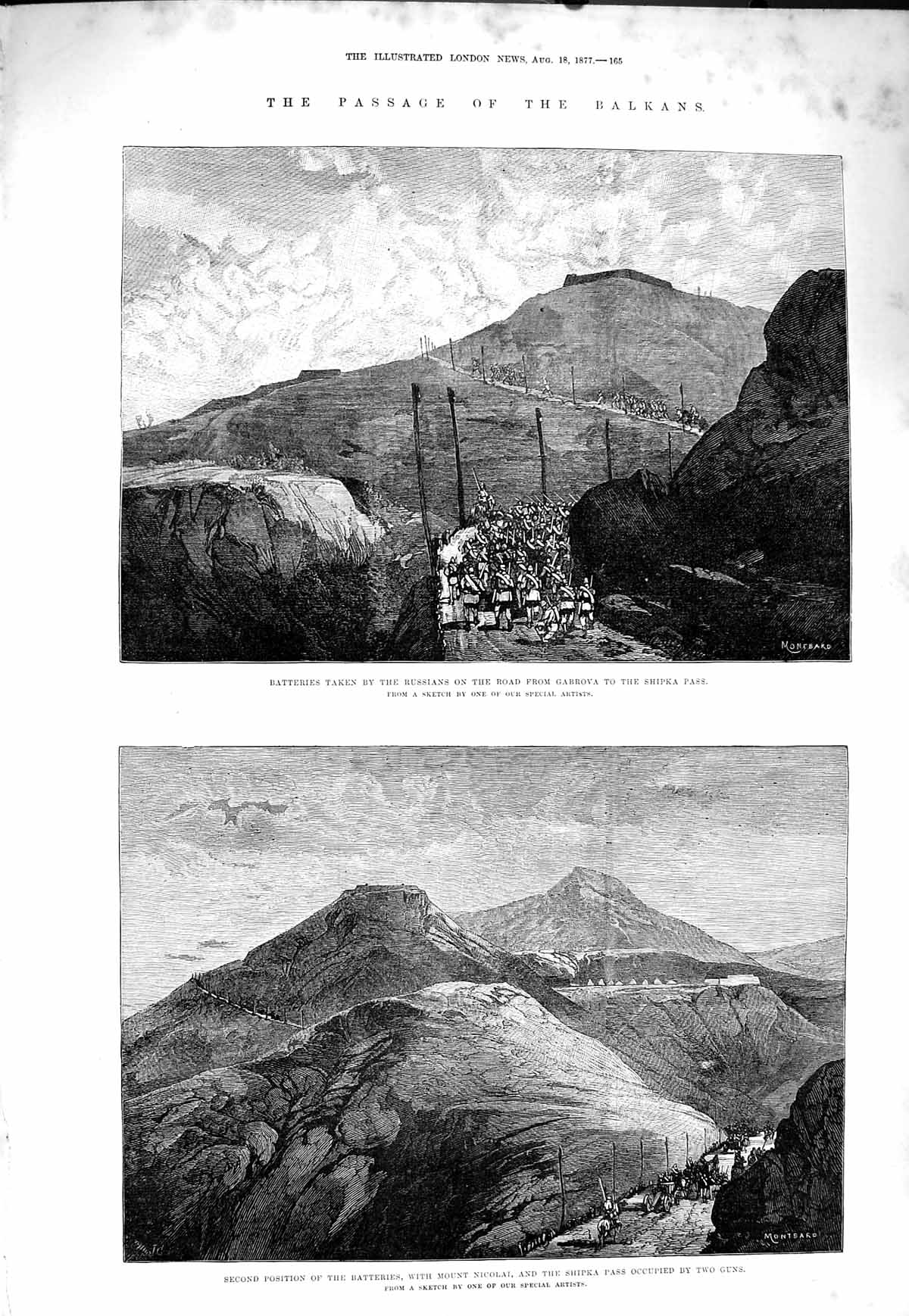 Original Old Antique Print 1877 Balkans Batteries Mount Nicolai Shipka Gabrova