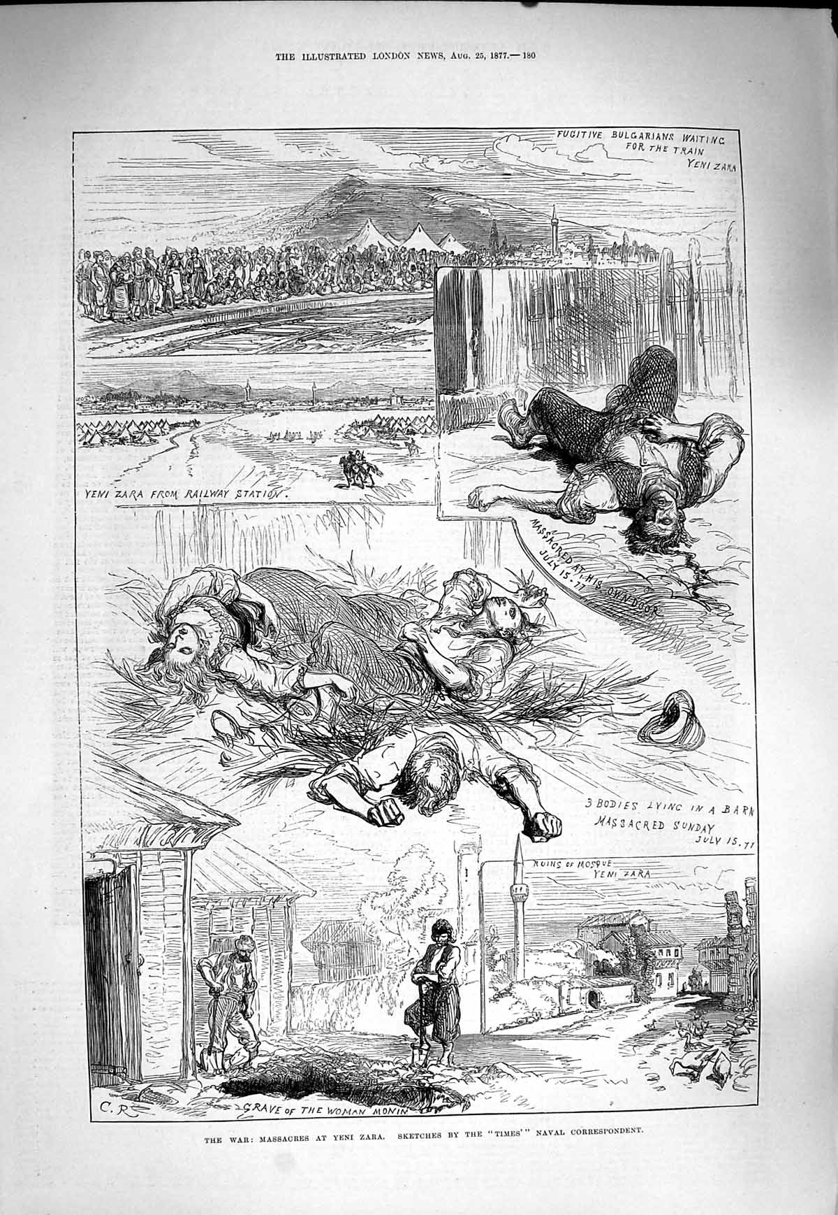 Old Antique Print 1877 War Massacres Yeni Zara Fugitive Bulgarians Zara 19th