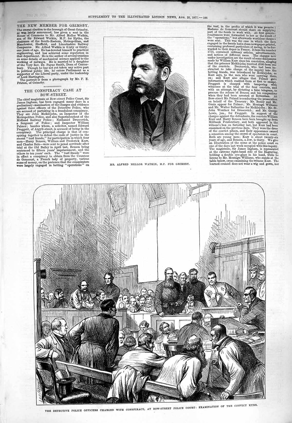 Original Old Antique Print 1877 Alfred Mellor Watkin Police Officers Bow Court
