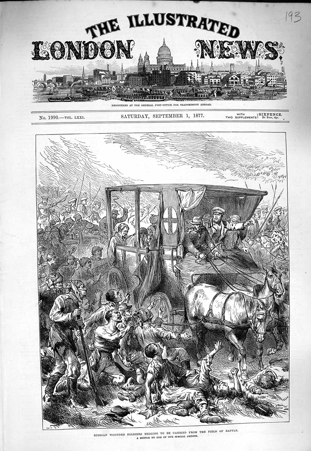 Original Old Antique Print 1877 Russian Wounded Siers Begging Battle Field War