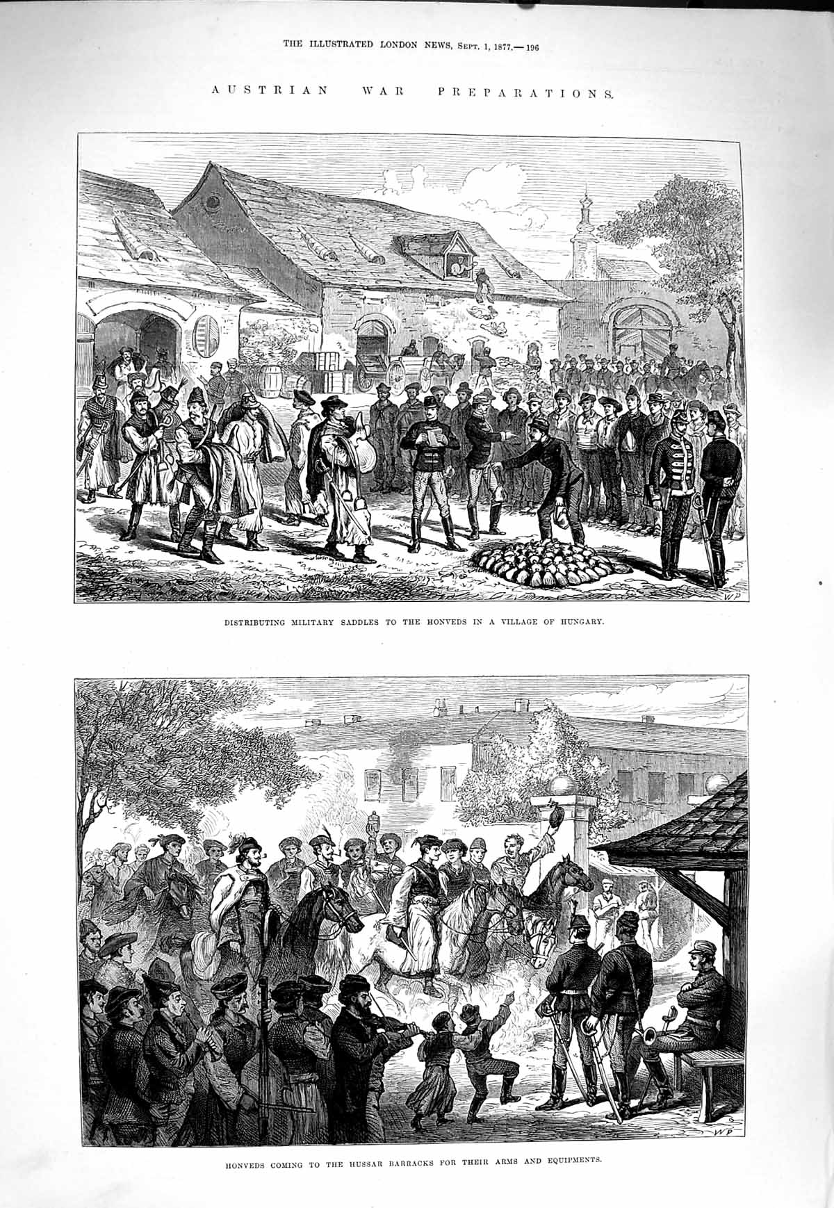 Old Antique Print 1877 Austria War Honveds Hungary Hussar Barracks Arms 19th
