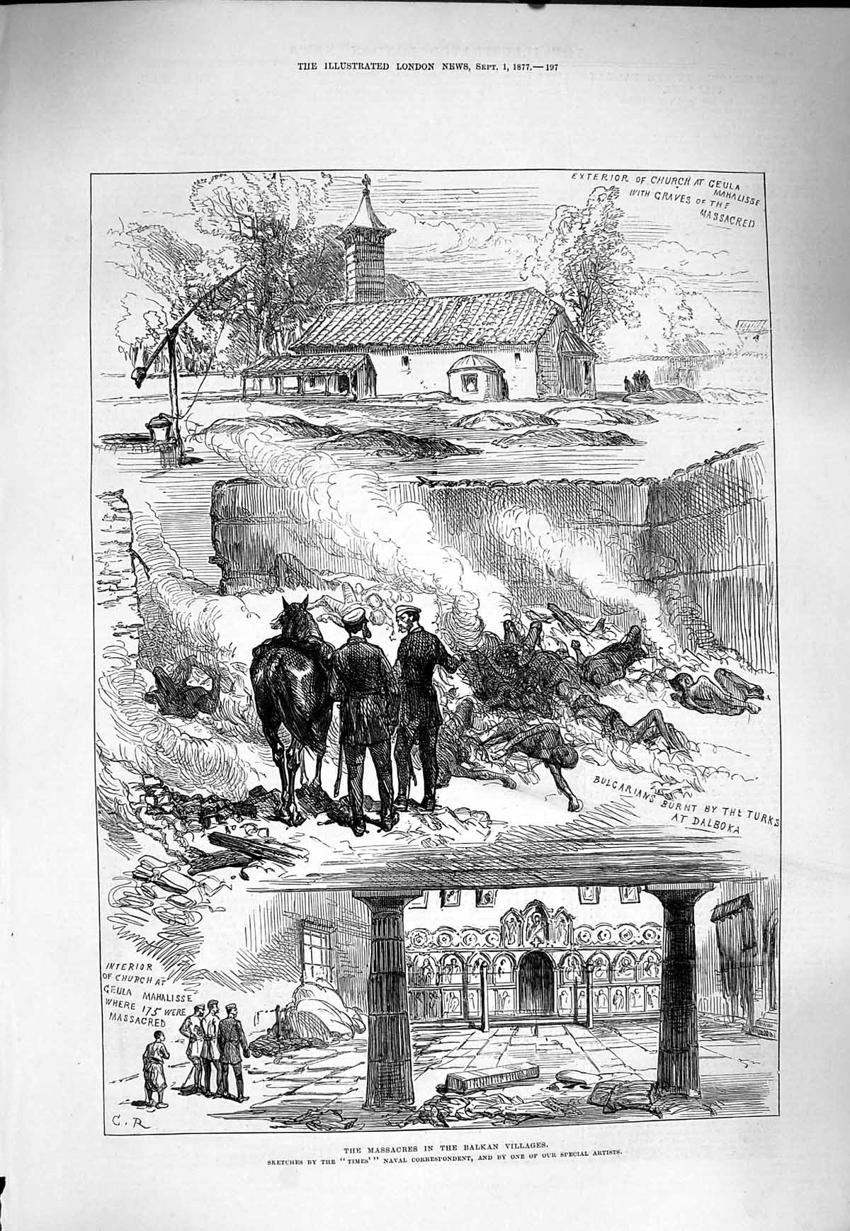 Old Antique Print 1877 Massacres Balkan Villages Bulgarians Turks Dalboka 19th