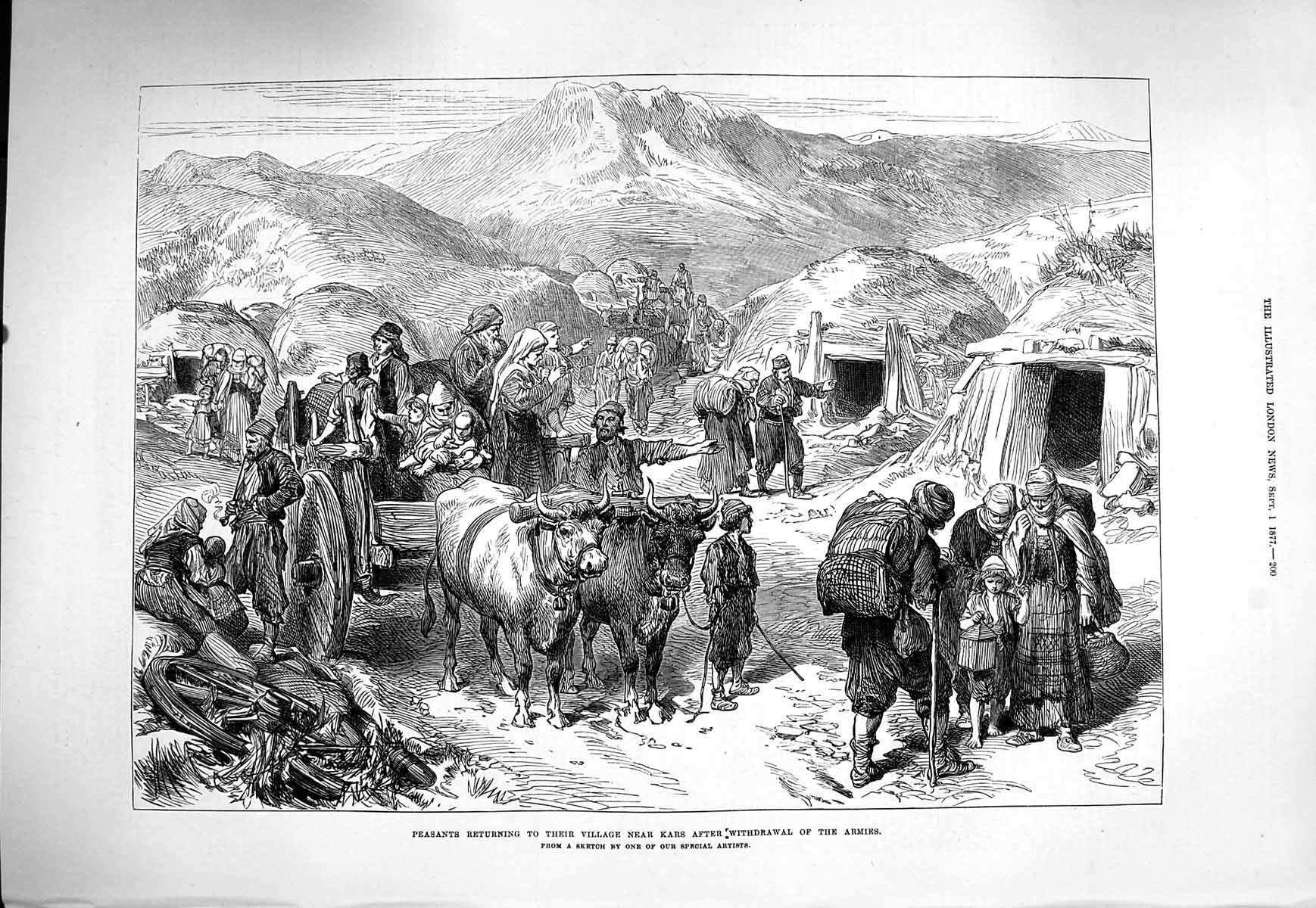Original Old Antique Print 1877 Peasants Village Kars Bullocks Carts Mountains