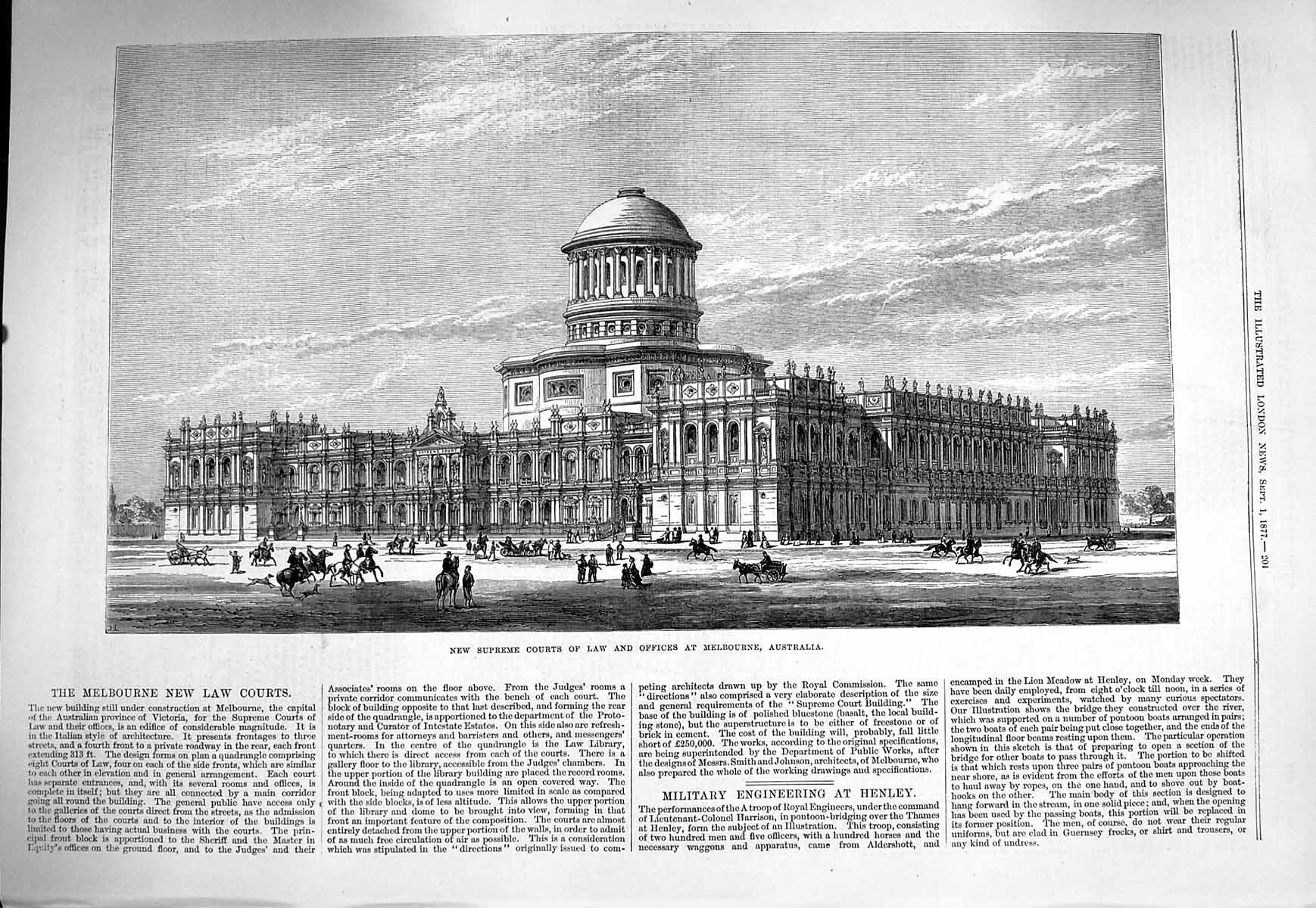 Original Old Antique Print 1877 Supreme Courts Law Offices Melbourne Australia