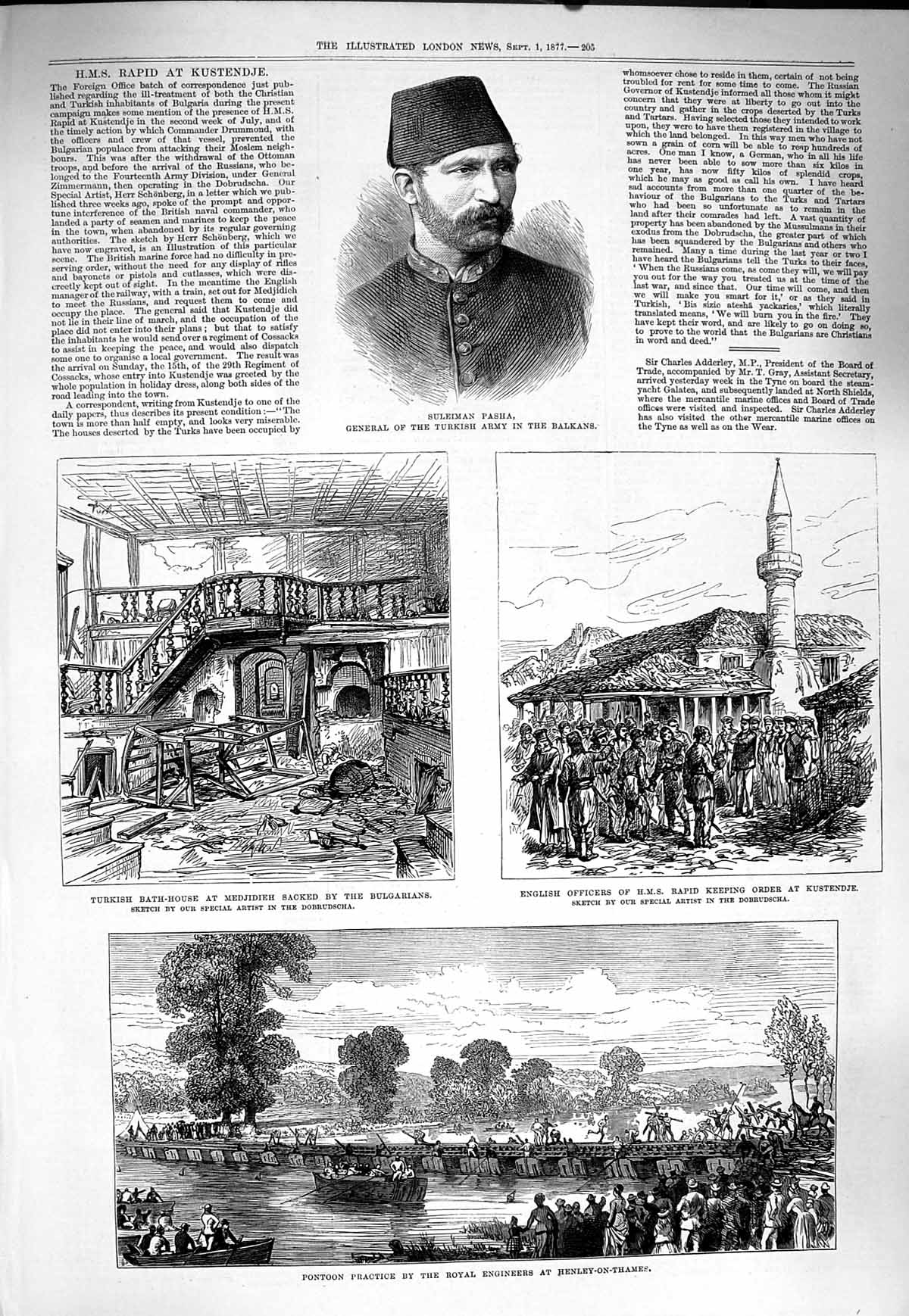 Old Antique Print 1877 Suleiman Pasha Turkish Army Pontoon Royal Engineer 19th