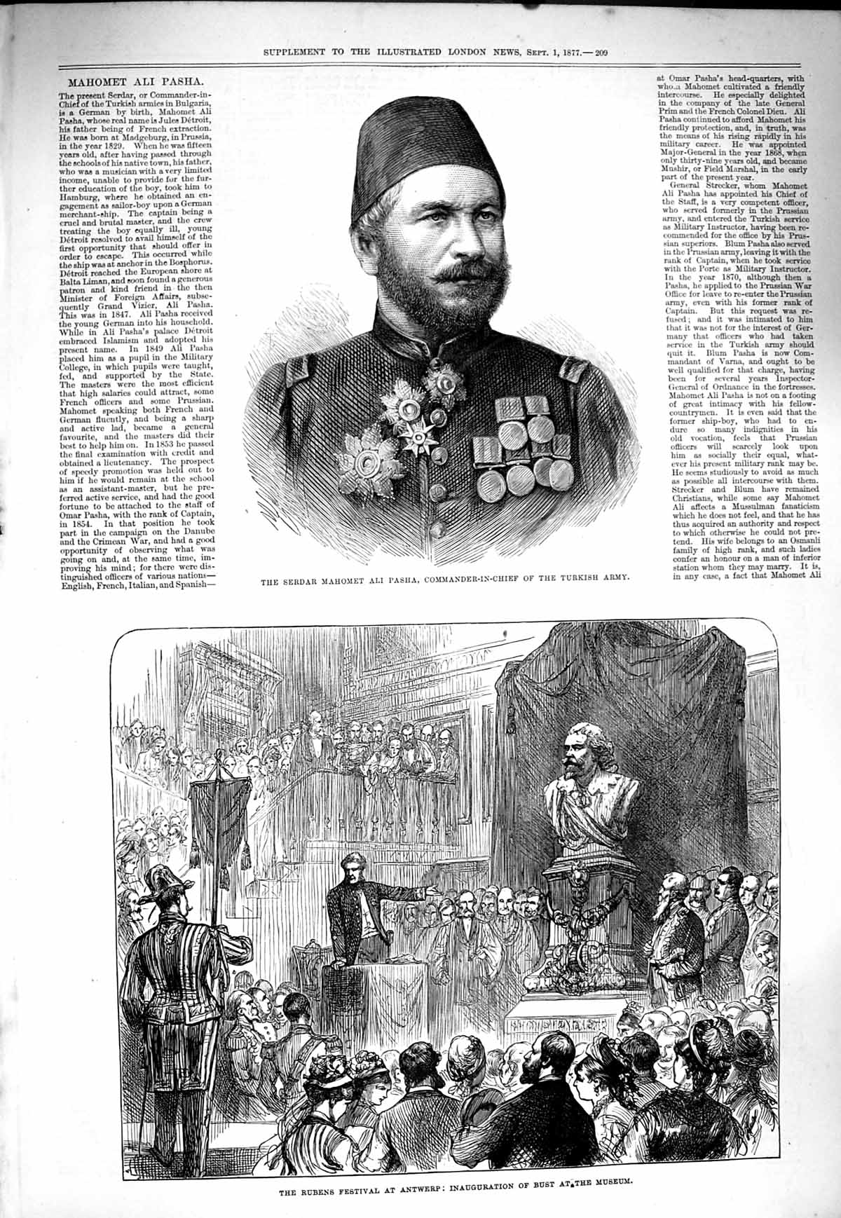 Old Antique Print 1877 Serdar Mahomet Ali Pasha Turkish Army Rubens Bust 19th