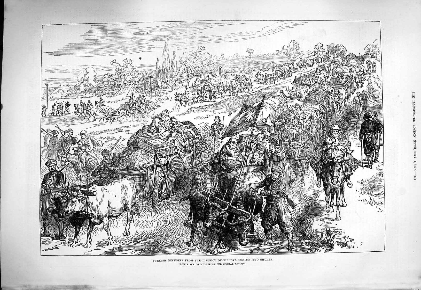 Original Old Antique Print 1877 Turkish Refugees Tirnova Shumla Siers Bullocks