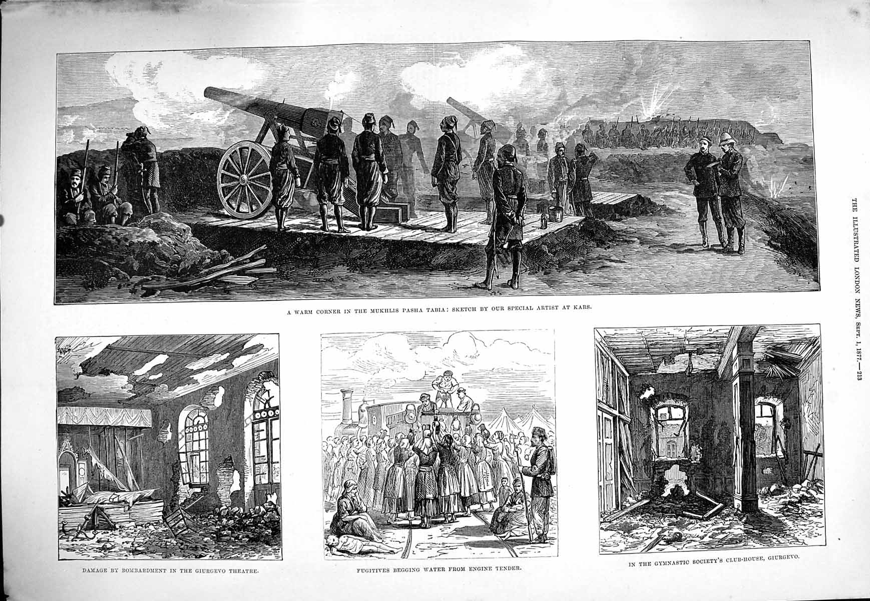 Old Antique Print 1877 Mukhlis Pasha Tabia Kars Giurgevo Theatre Fugitive 19th