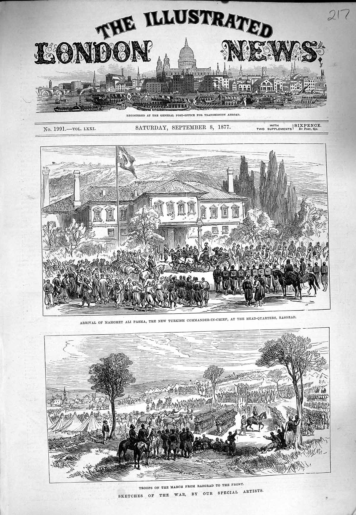 Original Old Antique Print 1877 War Mahomet Ali Pasha Rasgrad Balkans Tundja